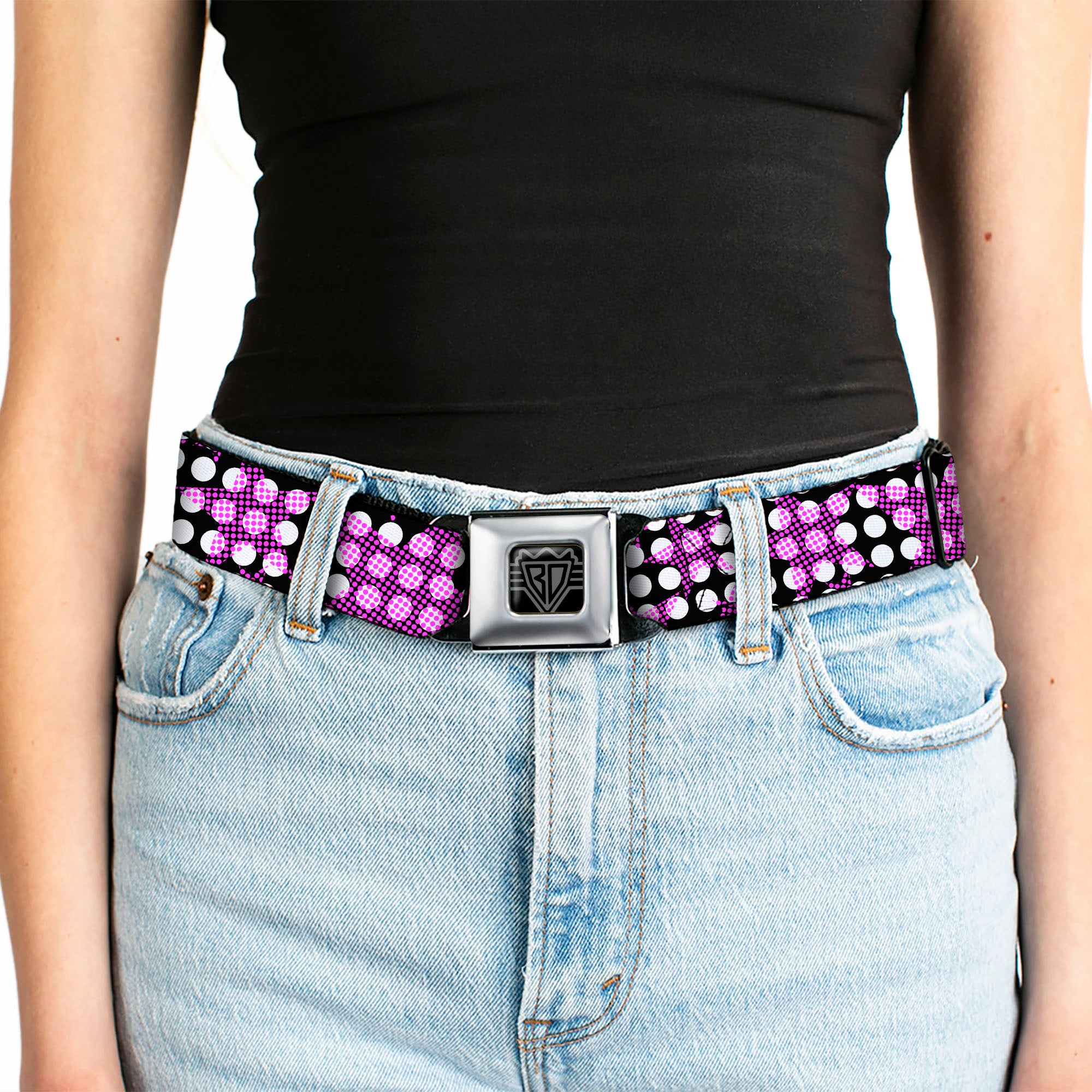 BD Wings Logo CLOSE-UP Full Color Black Silver Seatbelt Belt - Eighties Stars1 Black/White/Fuchsia Webbing Seatbelt Belts Buckle-Down