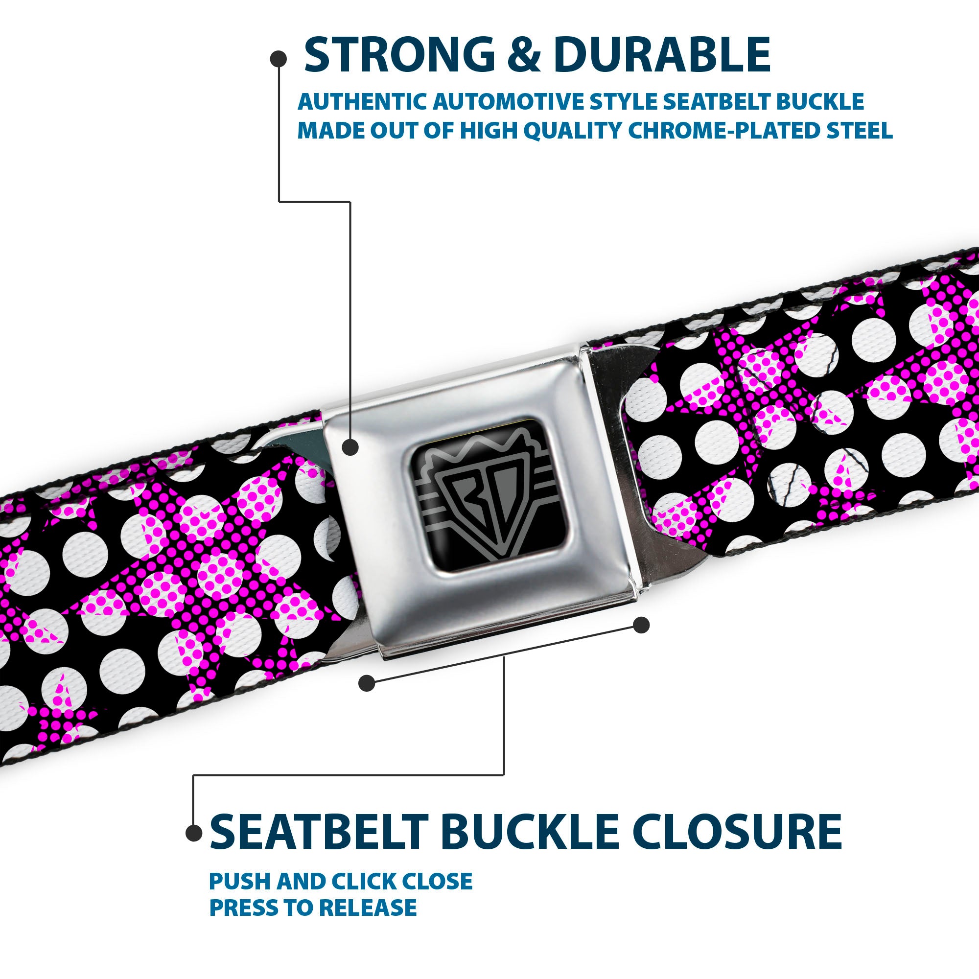 BD Wings Logo CLOSE-UP Full Color Black Silver Seatbelt Belt - Eighties Stars1 Black/White/Fuchsia Webbing Seatbelt Belts Buckle-Down