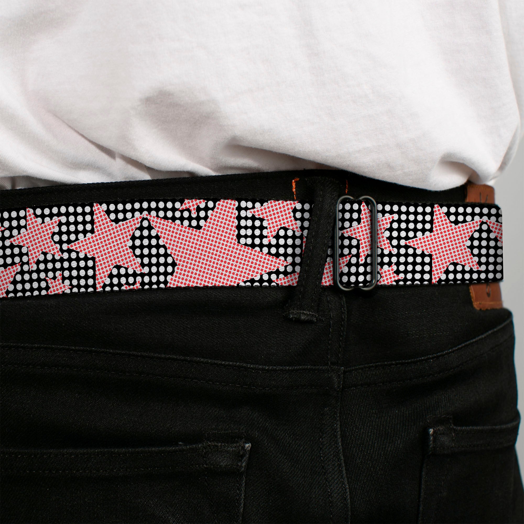 BD Wings Logo CLOSE-UP Full Color Black Silver Seatbelt Belt - Eighties Stars2 Black/White/Red Webbing Seatbelt Belts Buckle-Down