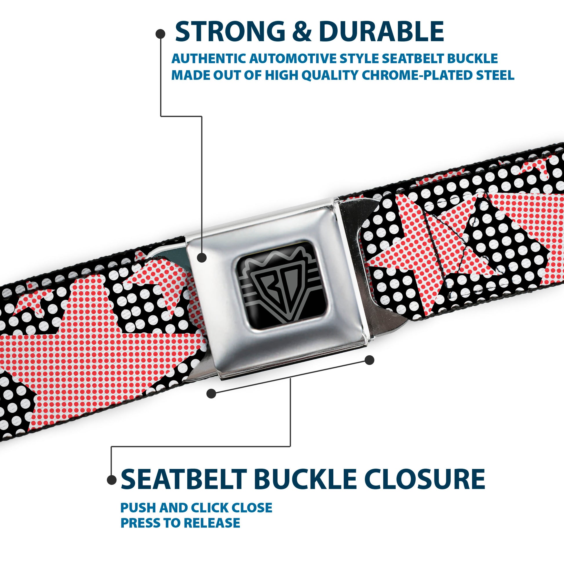 BD Wings Logo CLOSE-UP Full Color Black Silver Seatbelt Belt - Eighties Stars2 Black/White/Red Webbing Seatbelt Belts Buckle-Down