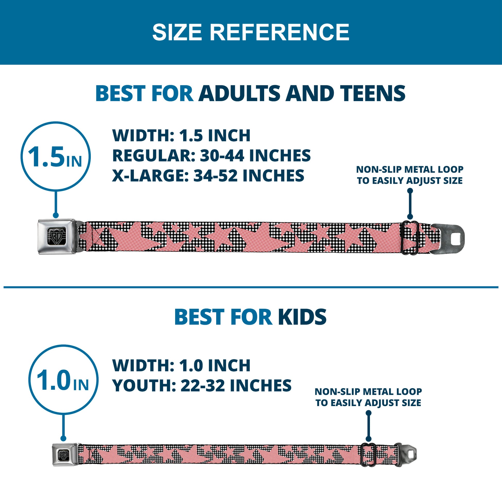 BD Wings Logo CLOSE-UP Full Color Black Silver Seatbelt Belt - Eighties Stars2 Black/White/Red Webbing Seatbelt Belts Buckle-Down