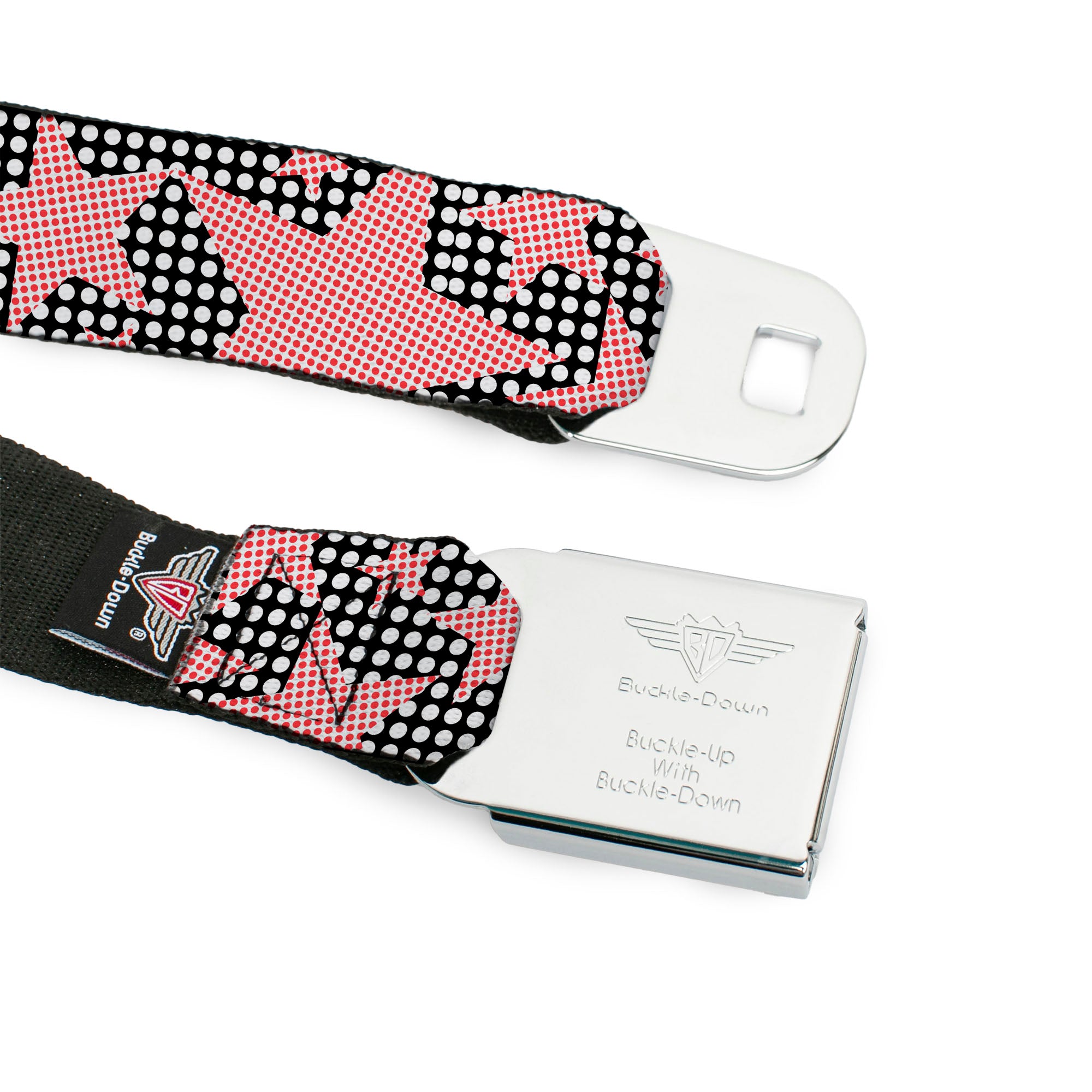 BD Wings Logo CLOSE-UP Full Color Black Silver Seatbelt Belt - Eighties Stars2 Black/White/Red Webbing Seatbelt Belts Buckle-Down