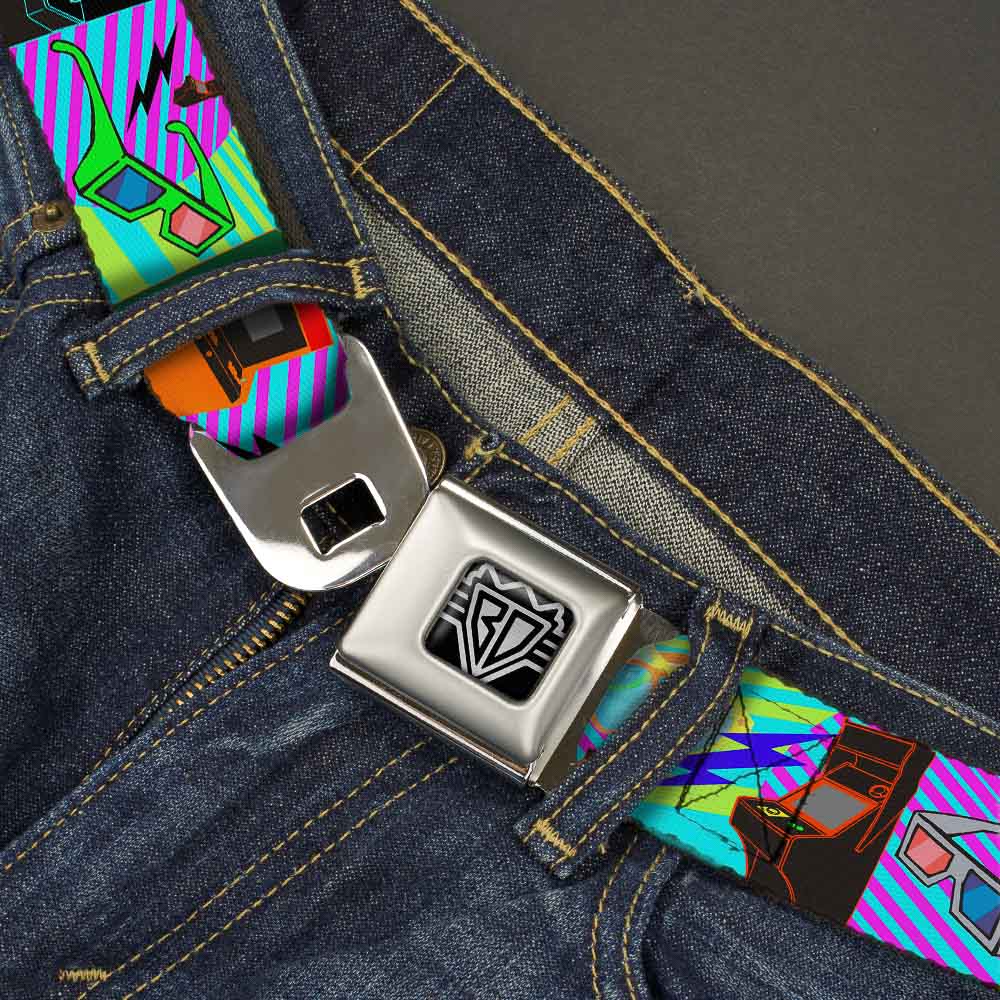 BD Wings Logo CLOSE-UP Full Color Black Silver Seatbelt Belt - Eighties Arcade Multi Neon Stripes Webbing Seatbelt Belts Buckle-Down