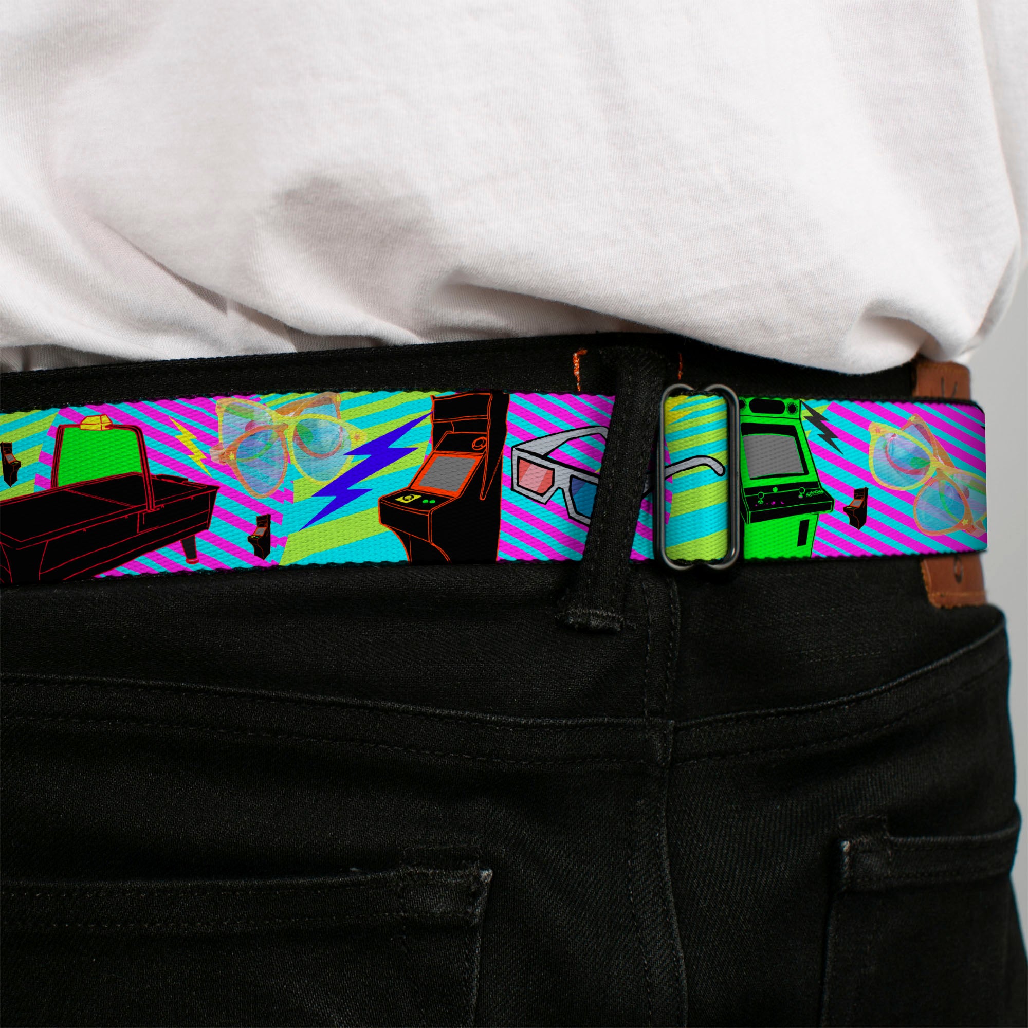 BD Wings Logo CLOSE-UP Full Color Black Silver Seatbelt Belt - Eighties Arcade Multi Neon Stripes Webbing Seatbelt Belts Buckle-Down