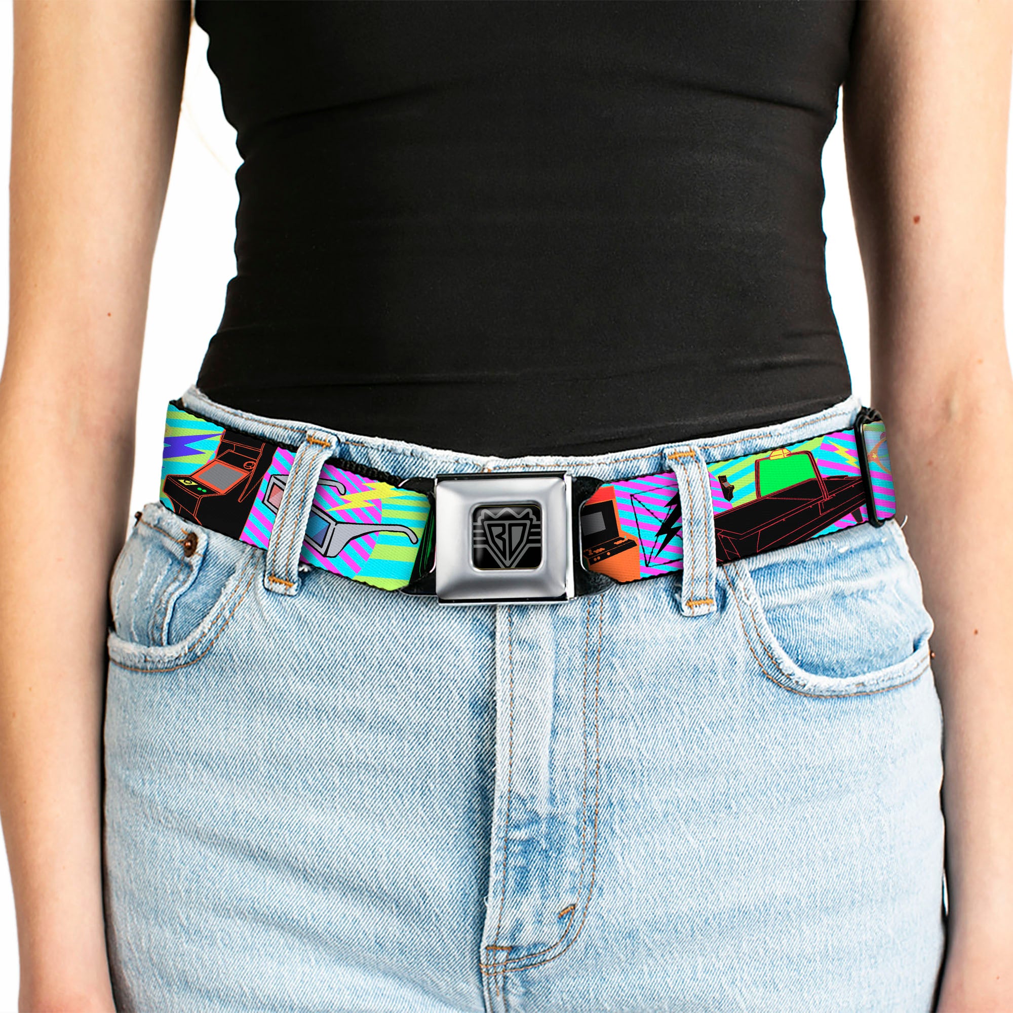 BD Wings Logo CLOSE-UP Full Color Black Silver Seatbelt Belt - Eighties Arcade Multi Neon Stripes Webbing Seatbelt Belts Buckle-Down