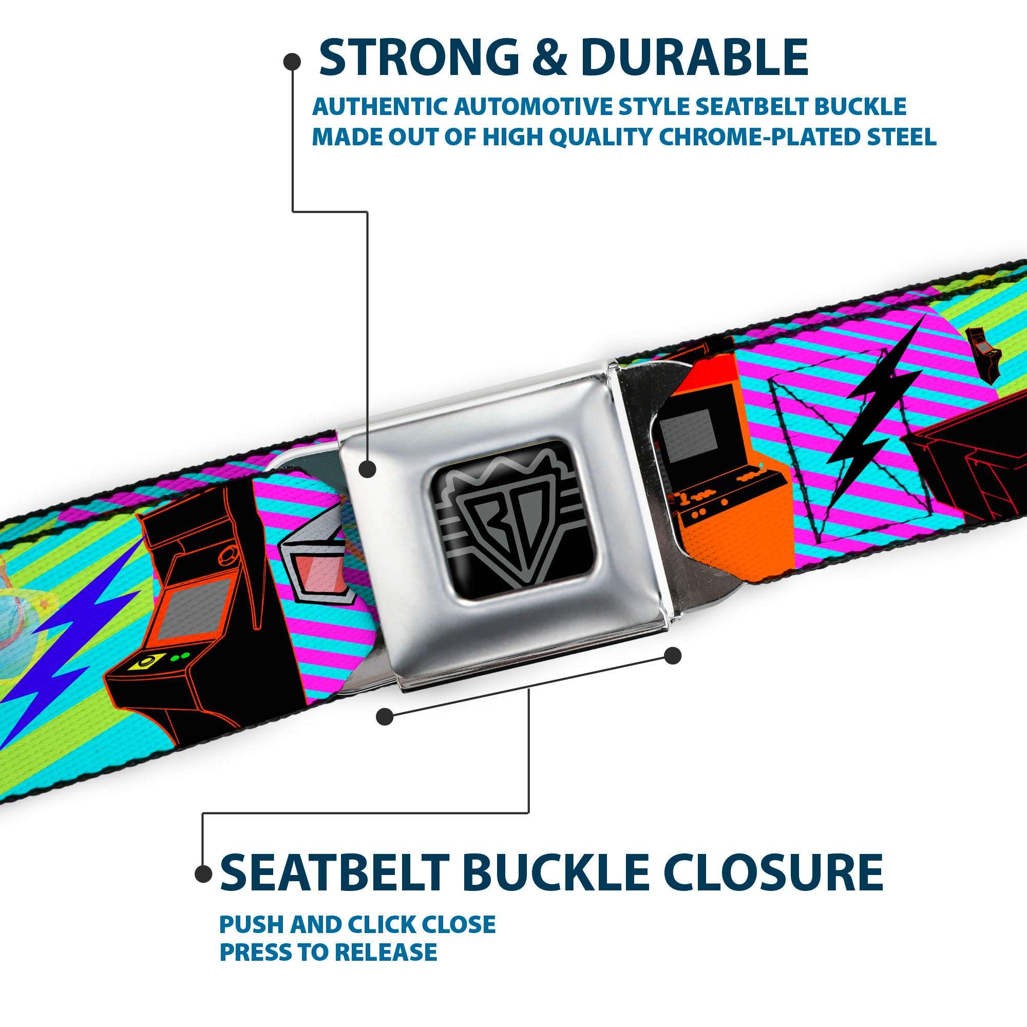 BD Wings Logo CLOSE-UP Full Color Black Silver Seatbelt Belt - Eighties Arcade Multi Neon Stripes Webbing Seatbelt Belts Buckle-Down