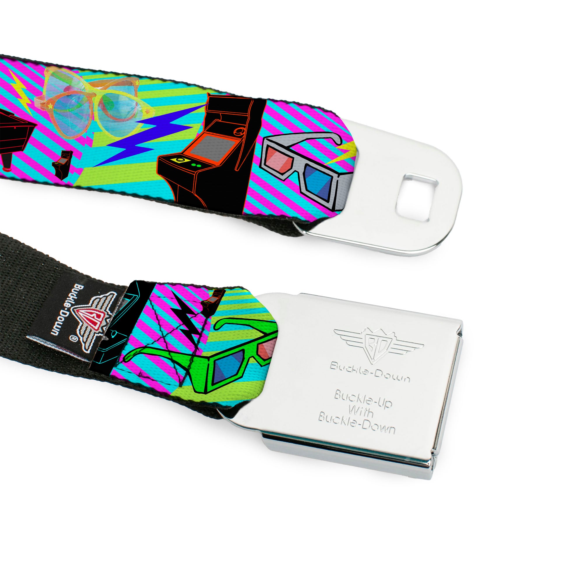 BD Wings Logo CLOSE-UP Full Color Black Silver Seatbelt Belt - Eighties Arcade Multi Neon Stripes Webbing Seatbelt Belts Buckle-Down