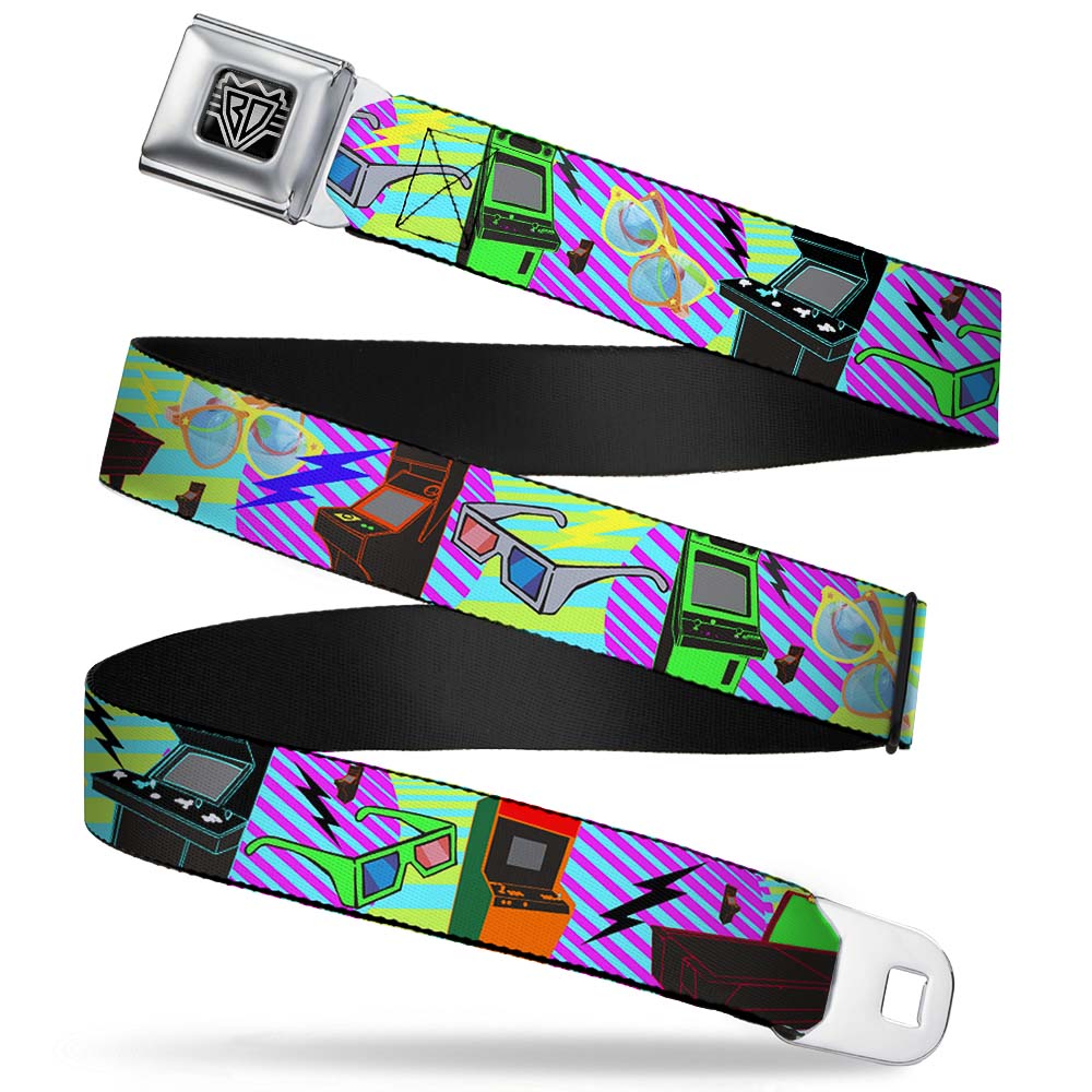BD Wings Logo CLOSE-UP Full Color Black Silver Seatbelt Belt - Eighties Arcade Multi Neon Stripes Webbing Seatbelt Belts Buckle-Down