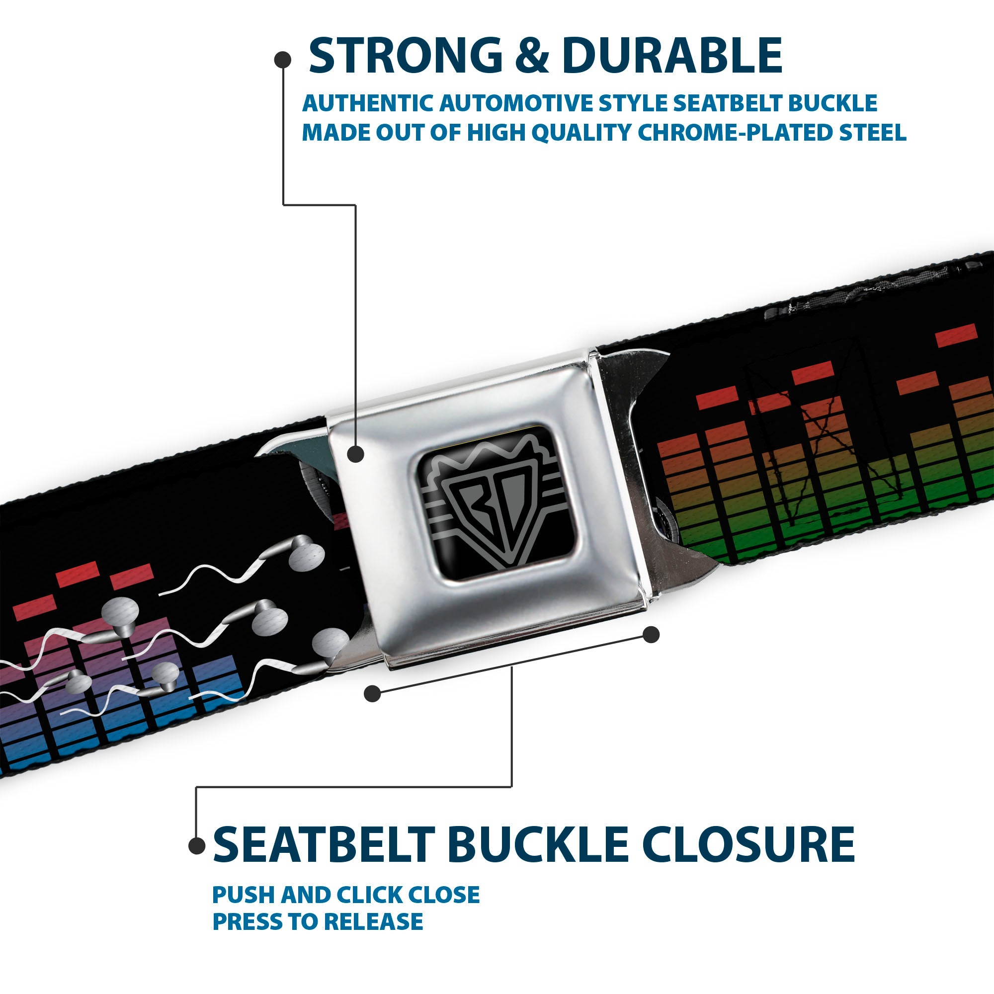 BD Wings Logo CLOSE-UP Full Color Black Silver Seatbelt Belt - Equalizer Webbing Seatbelt Belts Buckle-Down