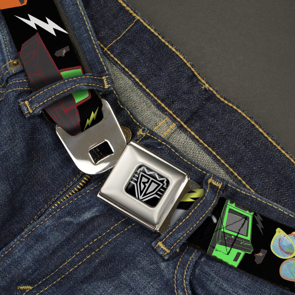 BD Wings Logo CLOSE-UP Full Color Black Silver Seatbelt Belt - Eighties Arcade Black Webbing Seatbelt Belts Buckle-Down