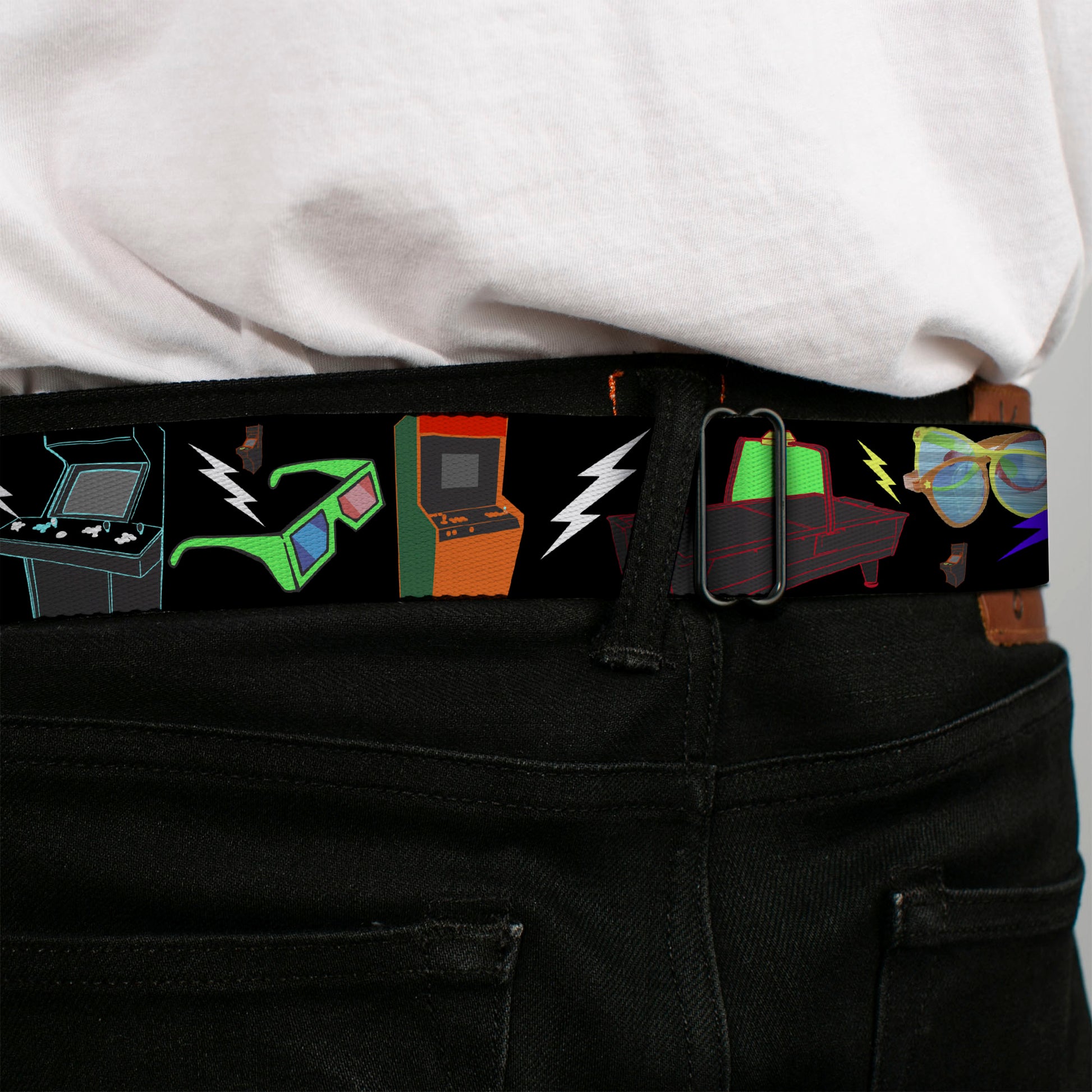 BD Wings Logo CLOSE-UP Full Color Black Silver Seatbelt Belt - Eighties Arcade Black Webbing Seatbelt Belts Buckle-Down
