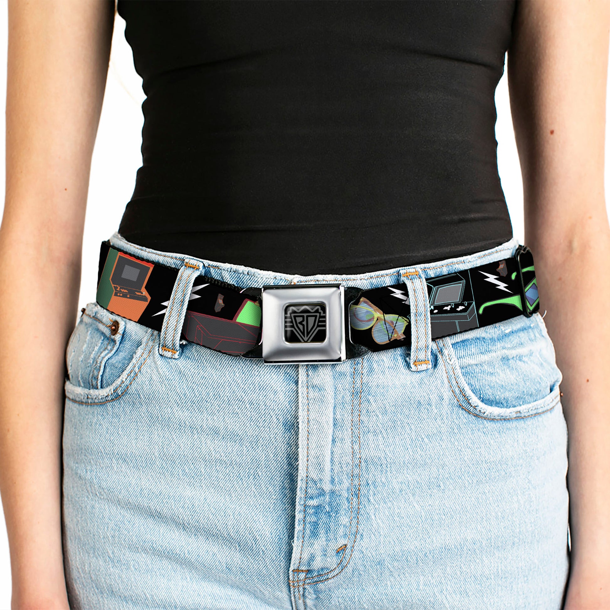 BD Wings Logo CLOSE-UP Full Color Black Silver Seatbelt Belt - Eighties Arcade Black Webbing Seatbelt Belts Buckle-Down