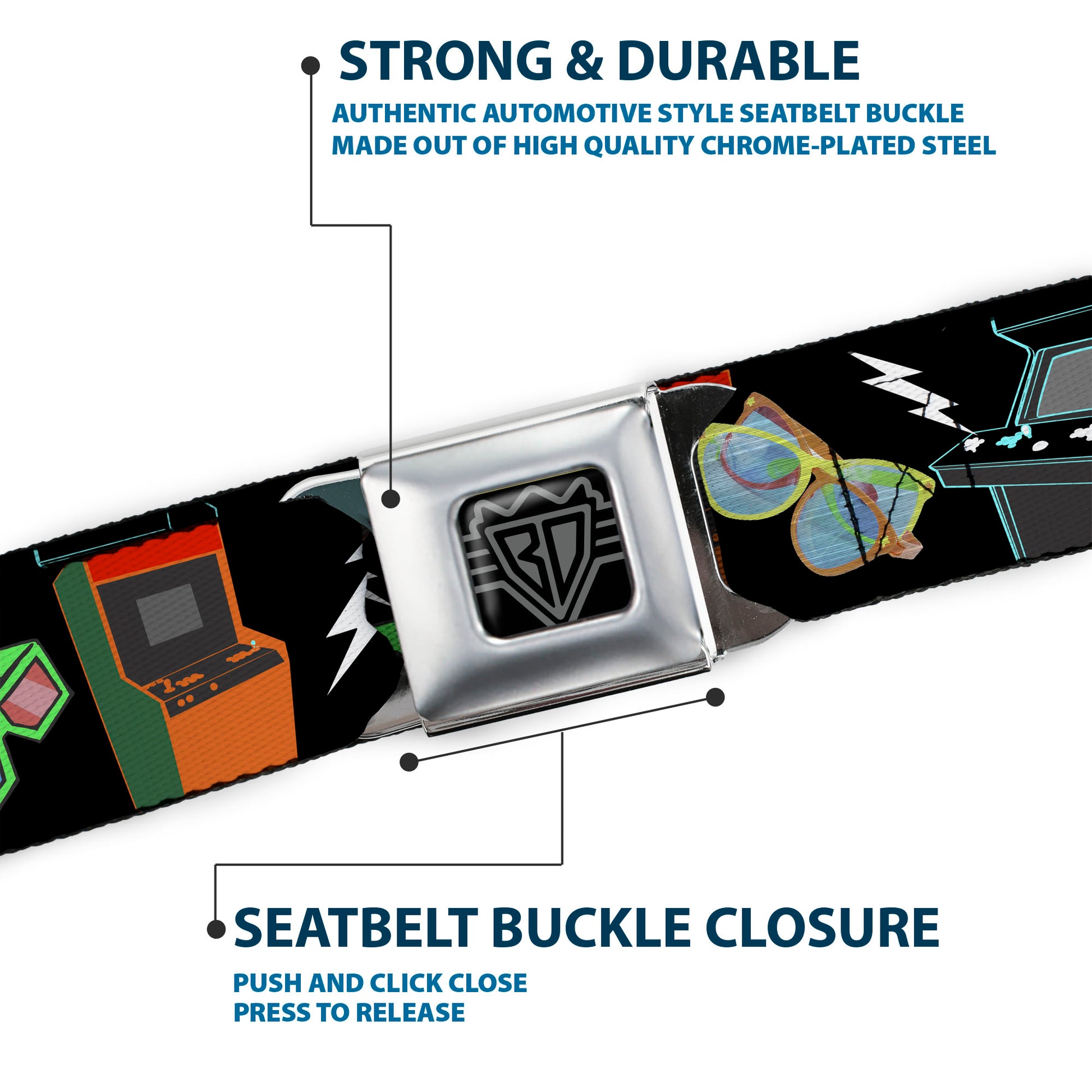 BD Wings Logo CLOSE-UP Full Color Black Silver Seatbelt Belt - Eighties Arcade Black Webbing Seatbelt Belts Buckle-Down
