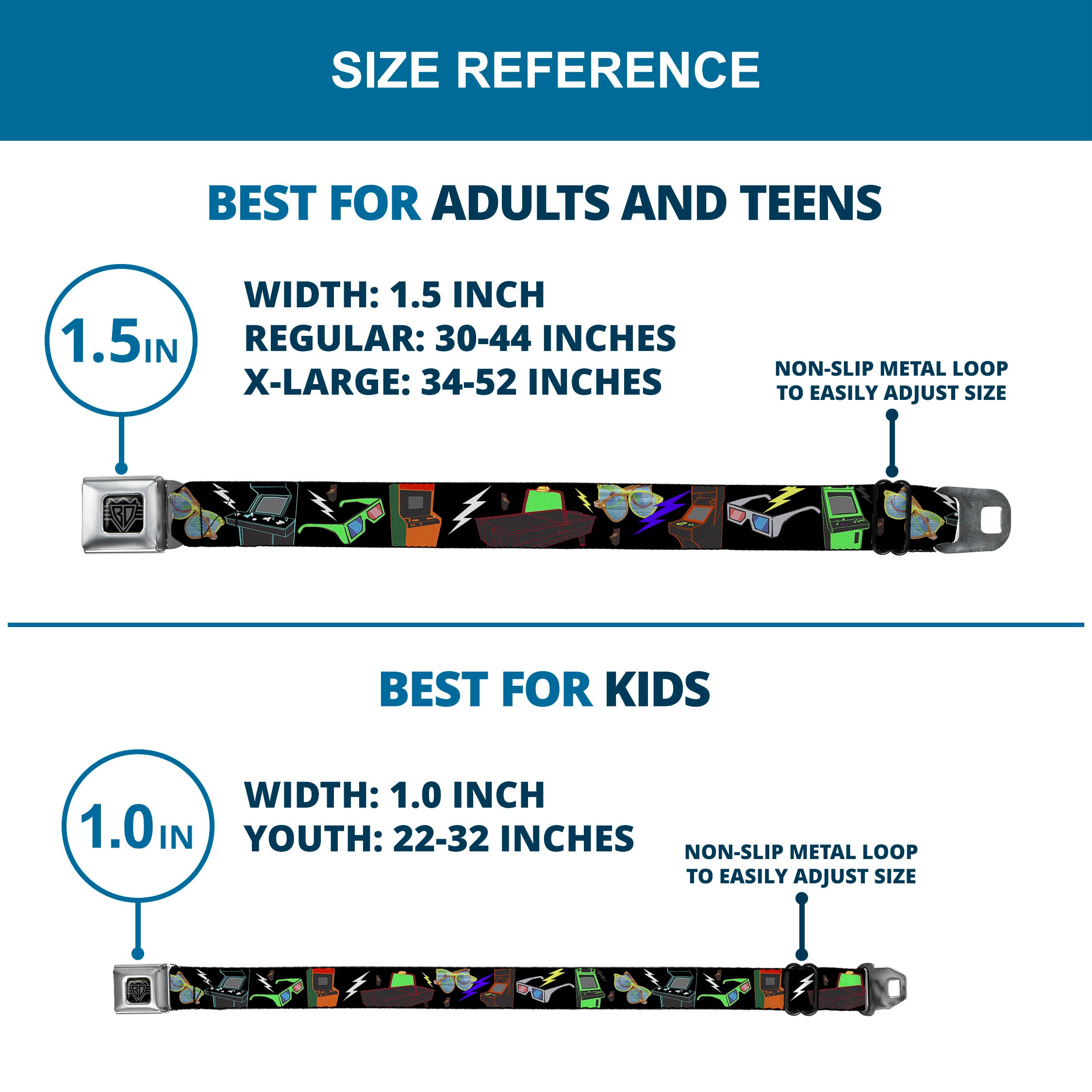 BD Wings Logo CLOSE-UP Full Color Black Silver Seatbelt Belt - Eighties Arcade Black Webbing Seatbelt Belts Buckle-Down