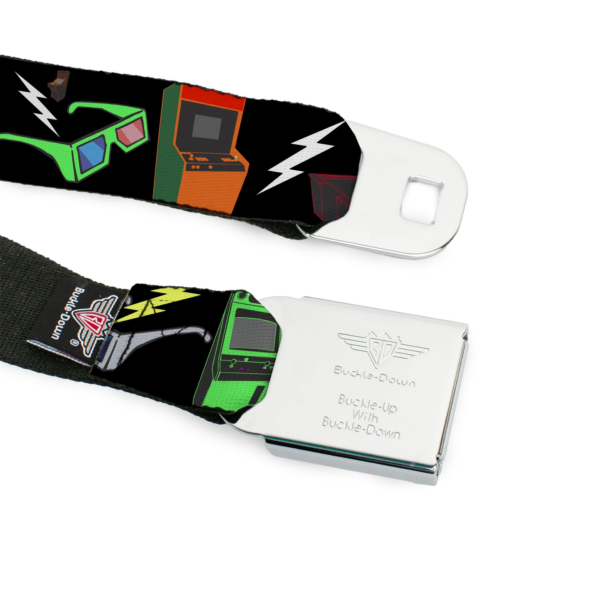 BD Wings Logo CLOSE-UP Full Color Black Silver Seatbelt Belt - Eighties Arcade Black Webbing Seatbelt Belts Buckle-Down