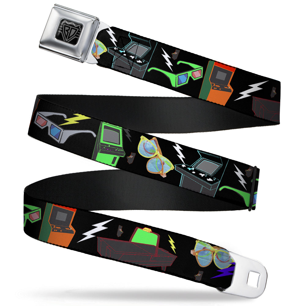 BD Wings Logo CLOSE-UP Full Color Black Silver Seatbelt Belt - Eighties Arcade Black Webbing Seatbelt Belts Buckle-Down
