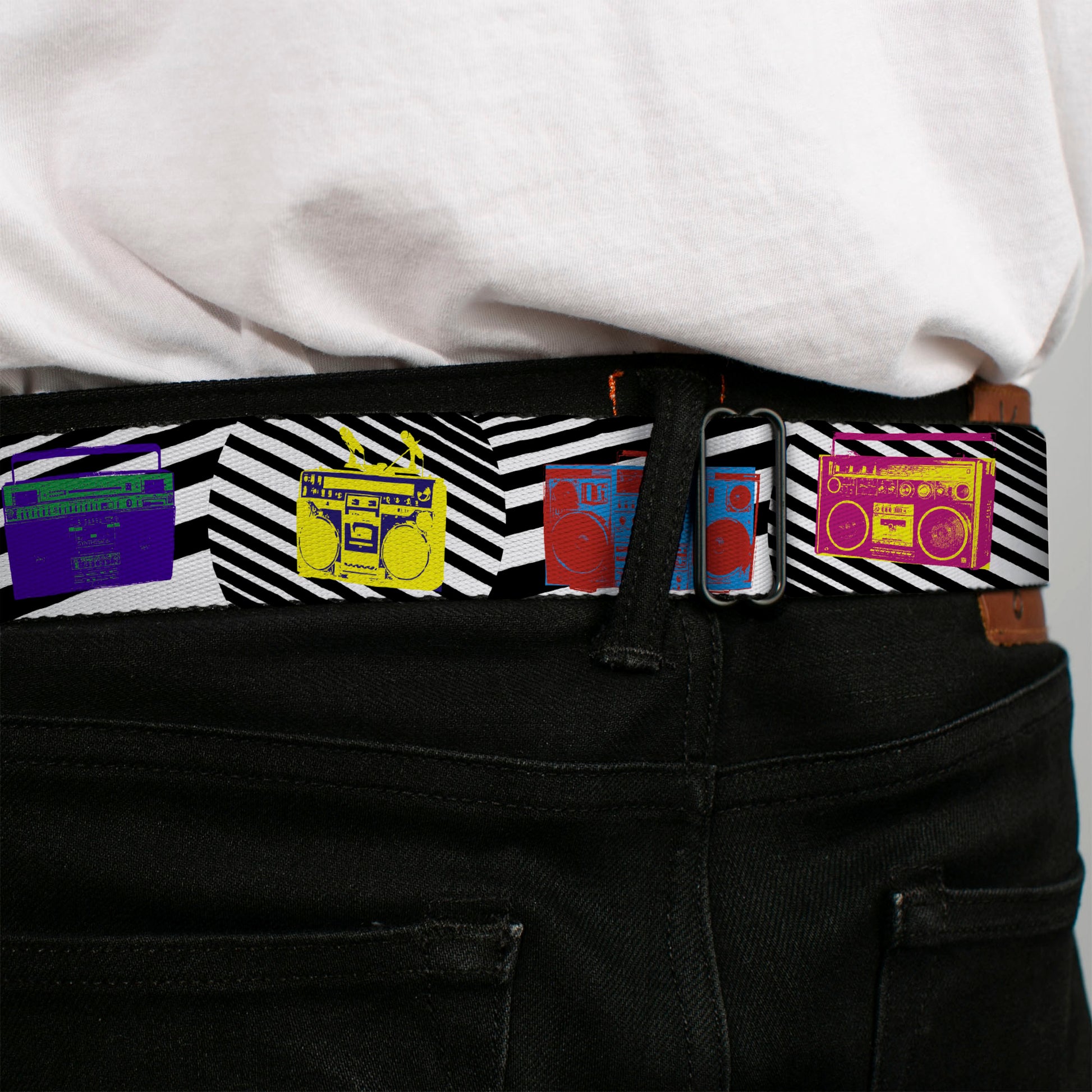 BD Wings Logo CLOSE-UP Full Color Black Silver Seatbelt Belt - Eighties Boomboxes Webbing Seatbelt Belts Buckle-Down