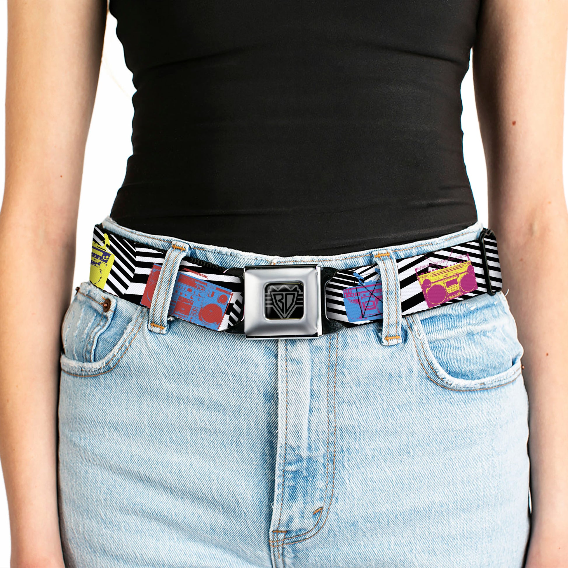 BD Wings Logo CLOSE-UP Full Color Black Silver Seatbelt Belt - Eighties Boomboxes Webbing Seatbelt Belts Buckle-Down