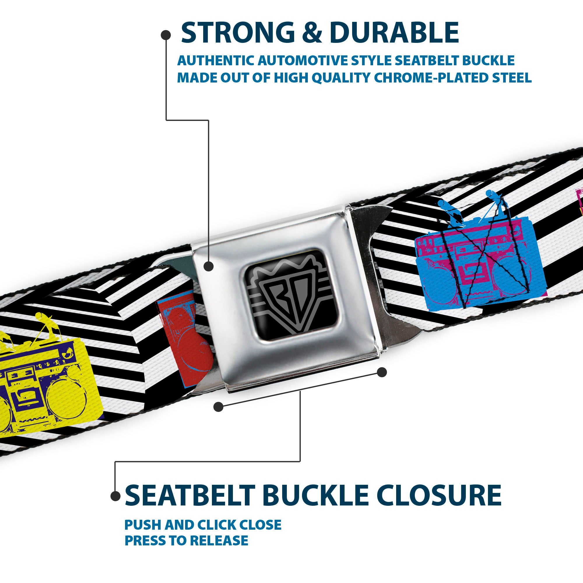 BD Wings Logo CLOSE-UP Full Color Black Silver Seatbelt Belt - Eighties Boomboxes Webbing Seatbelt Belts Buckle-Down
