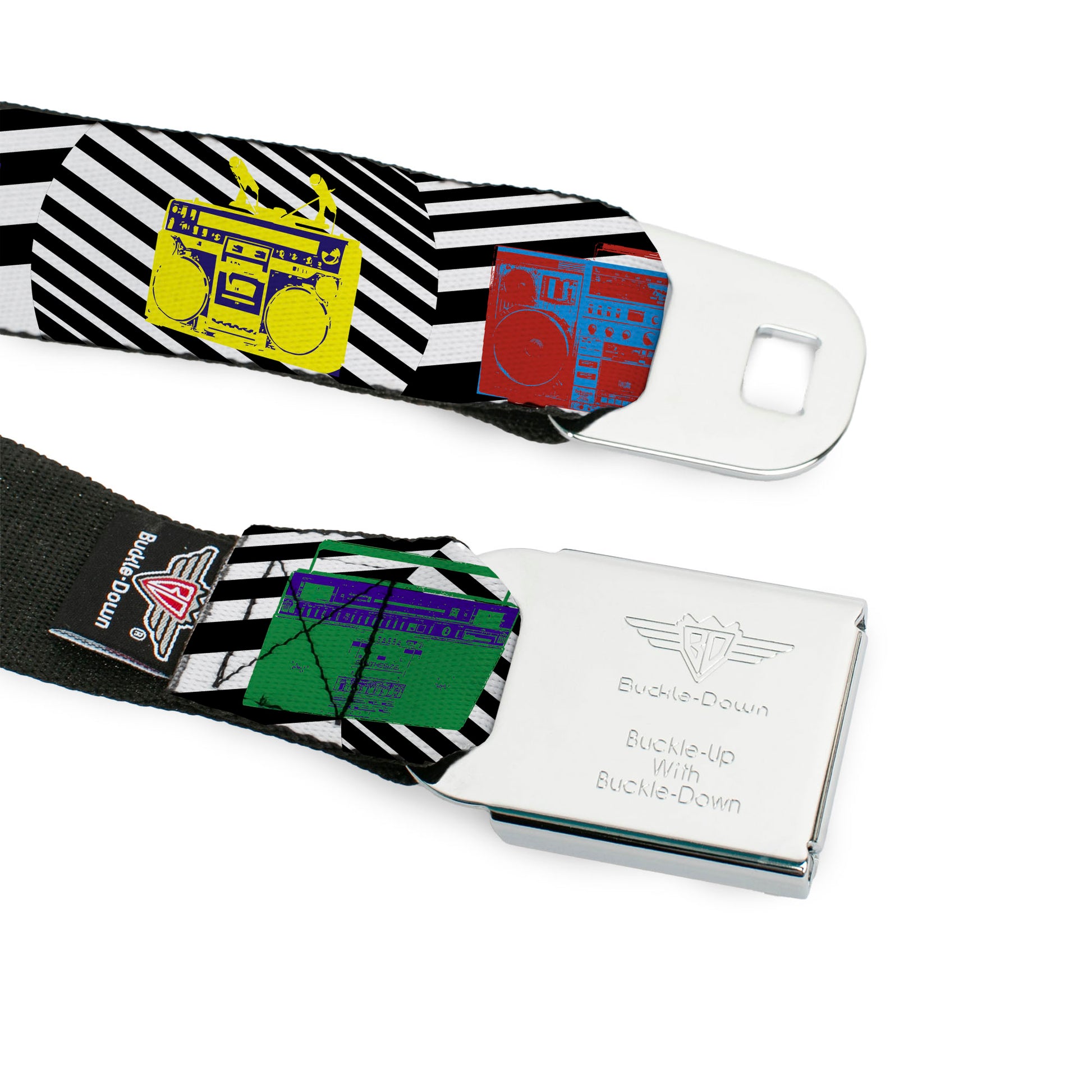 BD Wings Logo CLOSE-UP Full Color Black Silver Seatbelt Belt - Eighties Boomboxes Webbing Seatbelt Belts Buckle-Down