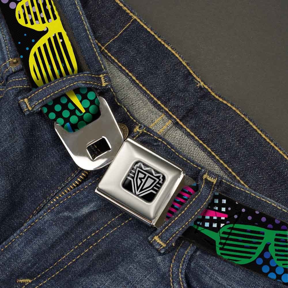 BD Wings Logo CLOSE-UP Full Color Black Silver Seatbelt Belt - Eighties Shades Black/Neon Webbing Seatbelt Belts Buckle-Down