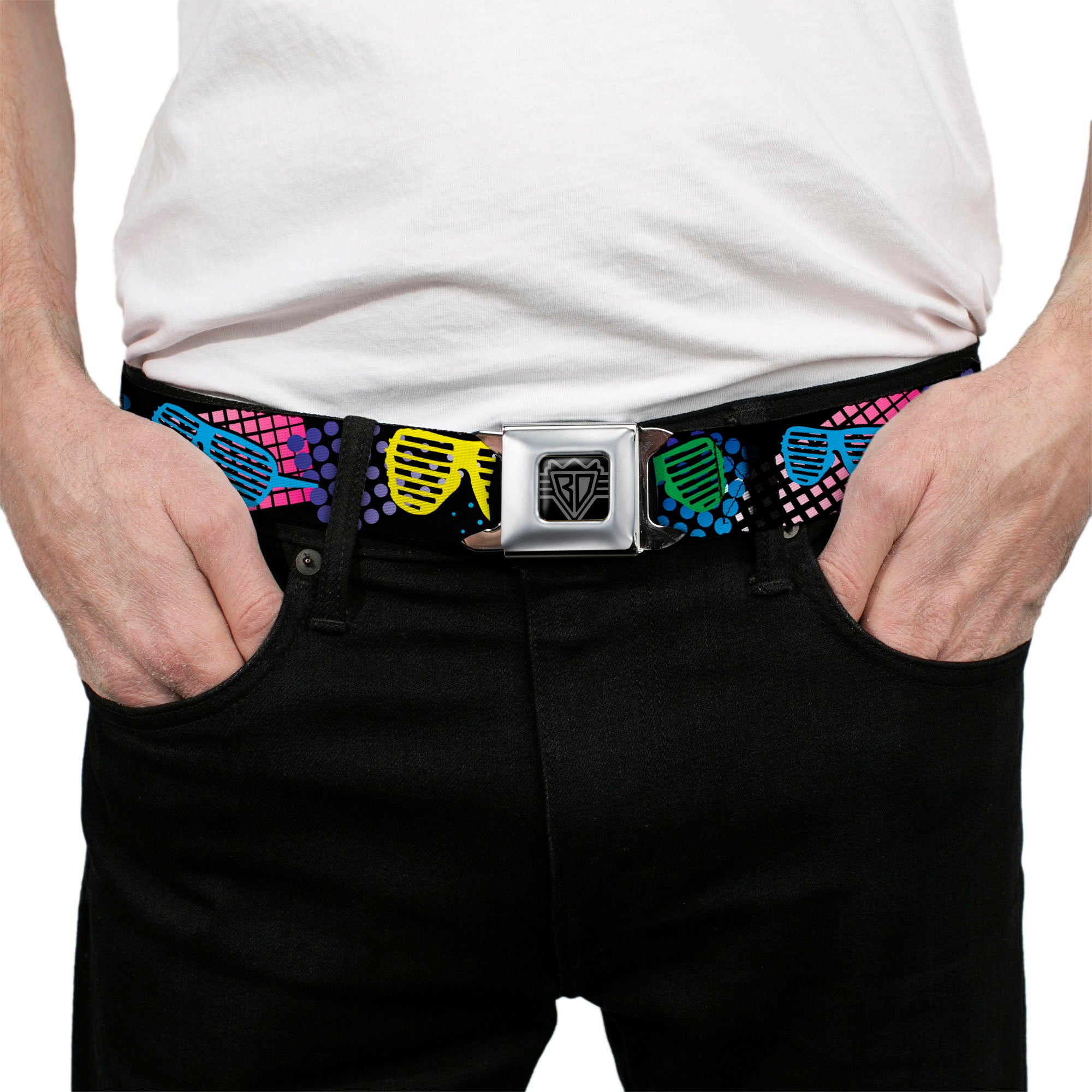 BD Wings Logo CLOSE-UP Full Color Black Silver Seatbelt Belt - Eighties Shades Black/Neon Webbing Seatbelt Belts Buckle-Down