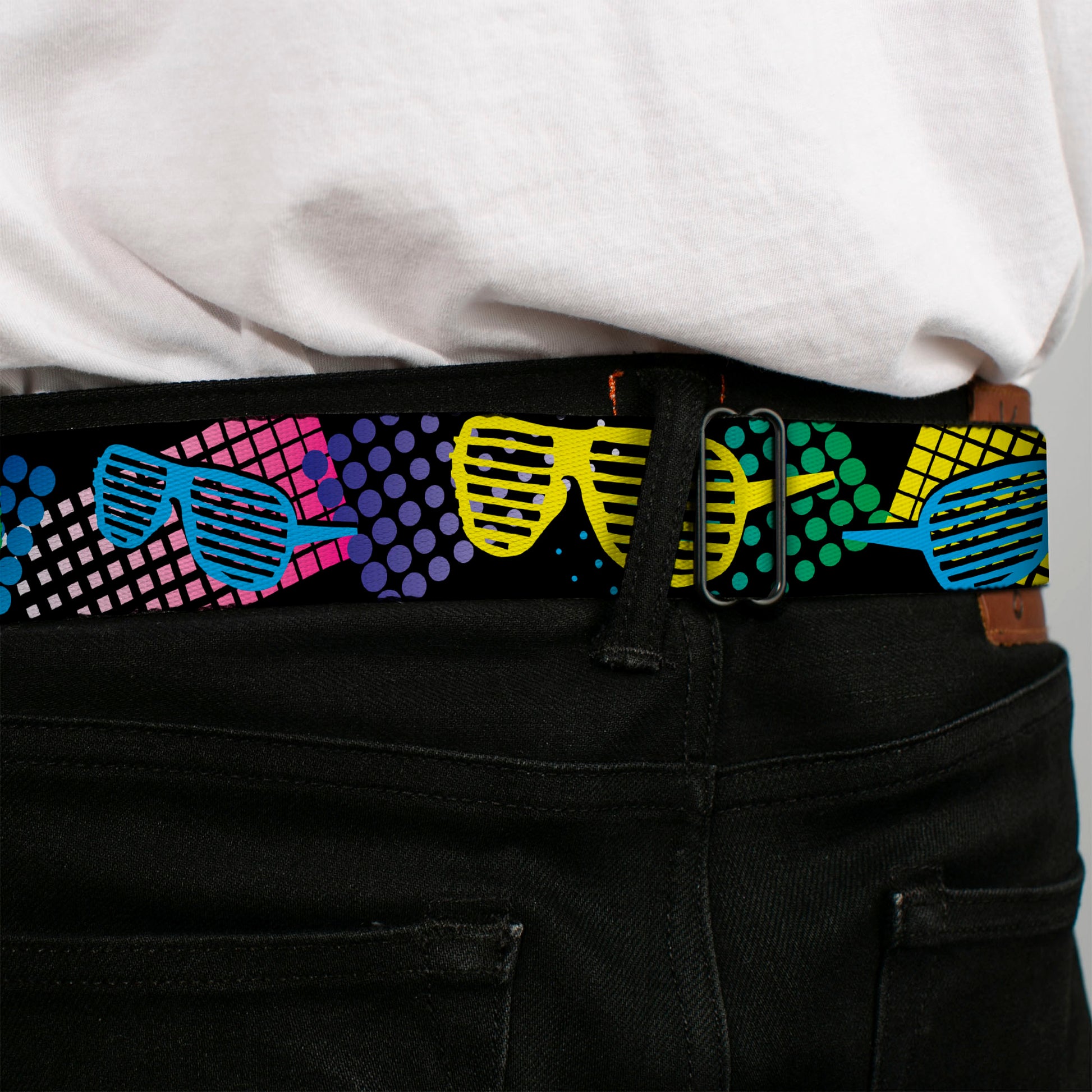 BD Wings Logo CLOSE-UP Full Color Black Silver Seatbelt Belt - Eighties Shades Black/Neon Webbing Seatbelt Belts Buckle-Down