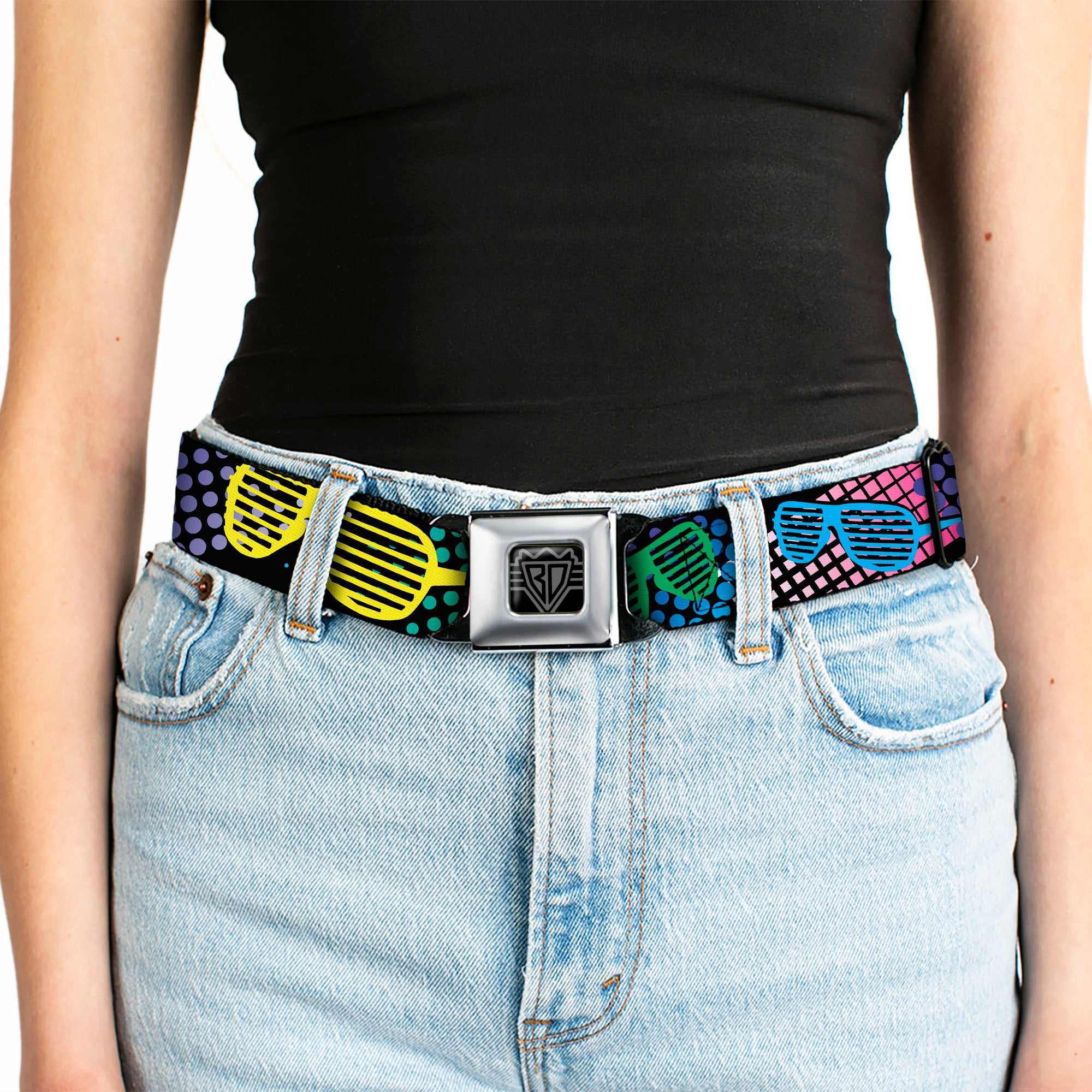 BD Wings Logo CLOSE-UP Full Color Black Silver Seatbelt Belt - Eighties Shades Black/Neon Webbing Seatbelt Belts Buckle-Down