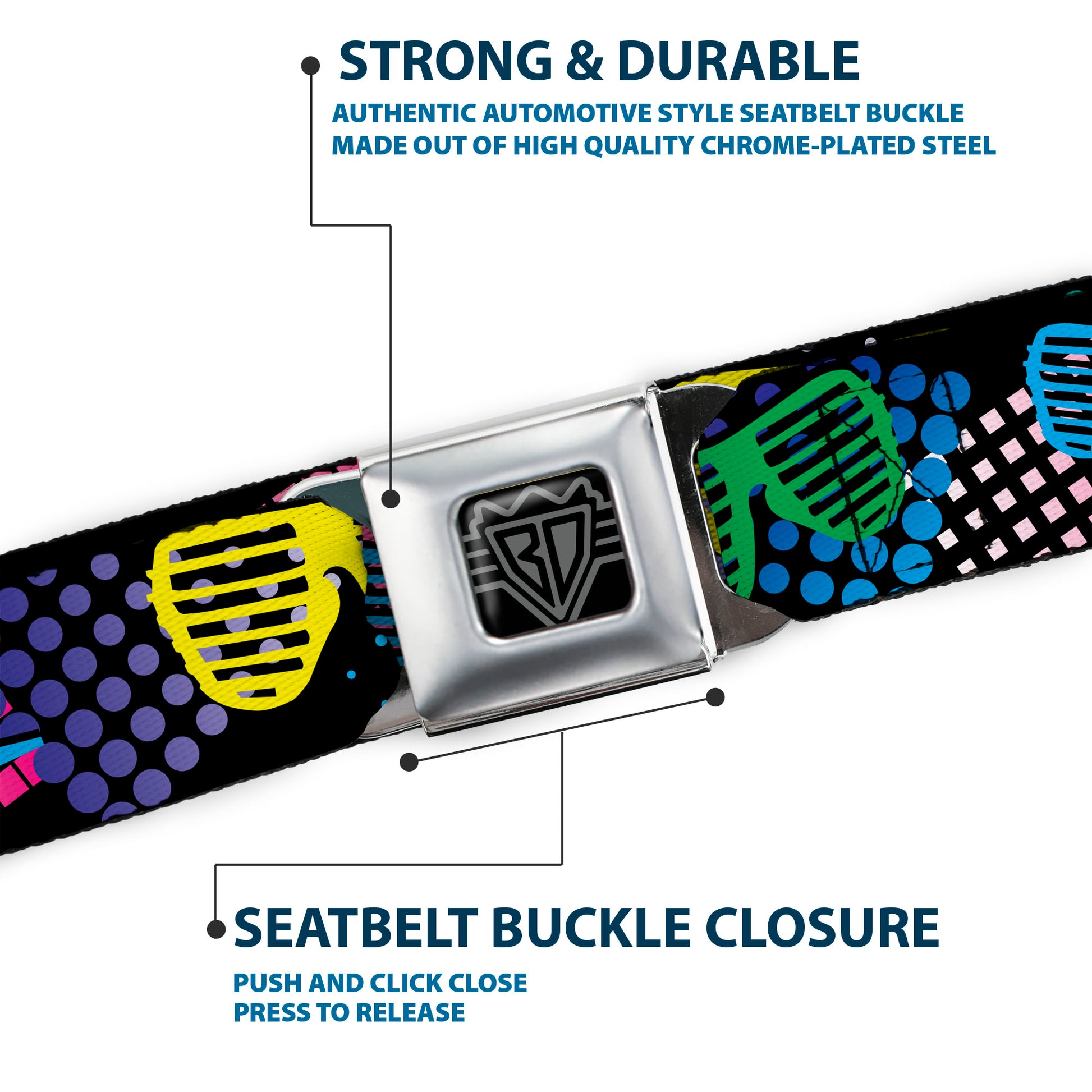 BD Wings Logo CLOSE-UP Full Color Black Silver Seatbelt Belt - Eighties Shades Black/Neon Webbing Seatbelt Belts Buckle-Down