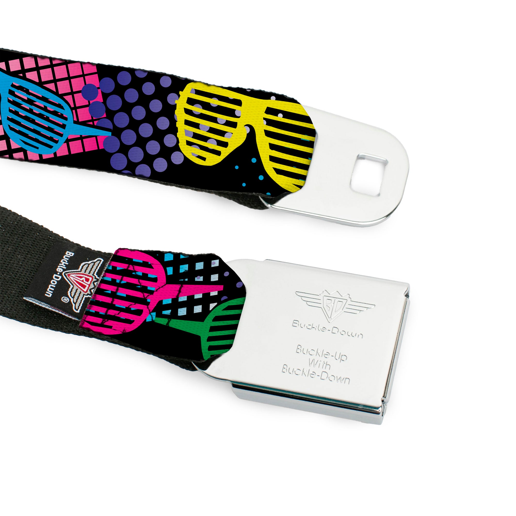 BD Wings Logo CLOSE-UP Full Color Black Silver Seatbelt Belt - Eighties Shades Black/Neon Webbing Seatbelt Belts Buckle-Down