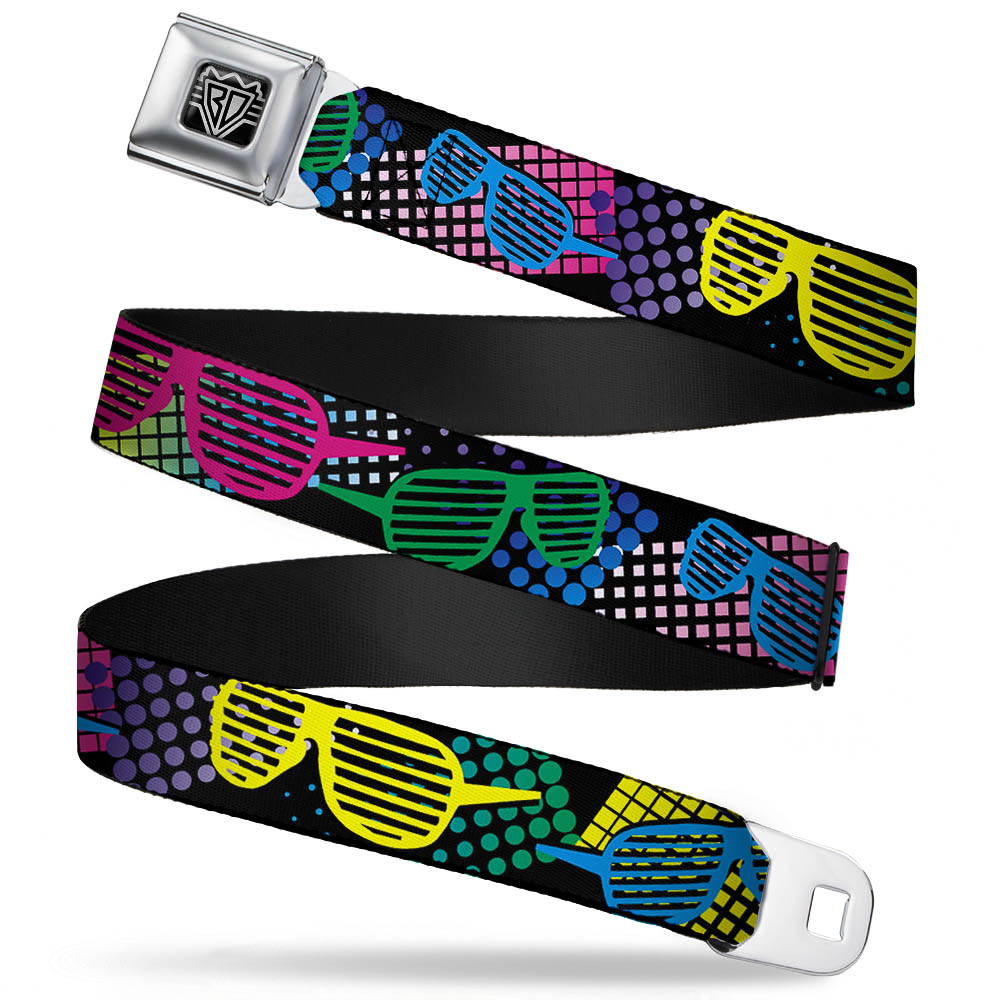 BD Wings Logo CLOSE-UP Full Color Black Silver Seatbelt Belt - Eighties Shades Black/Neon Webbing Seatbelt Belts Buckle-Down
