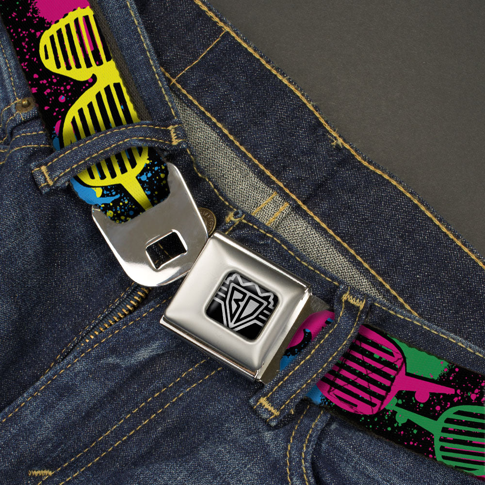 BD Wings Logo CLOSE-UP Full Color Black Silver Seatbelt Belt - Eighties Shades Splatter Black/Neon Webbing Seatbelt Belts Buckle-Down