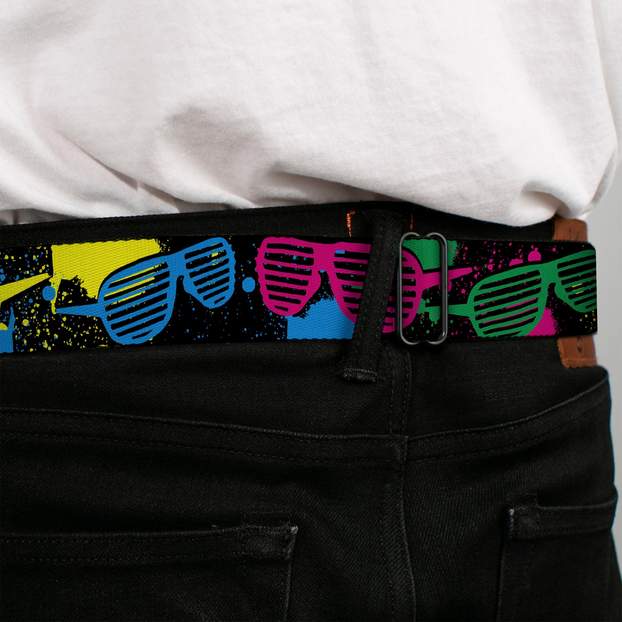 BD Wings Logo CLOSE-UP Full Color Black Silver Seatbelt Belt - Eighties Shades Splatter Black/Neon Webbing Seatbelt Belts Buckle-Down