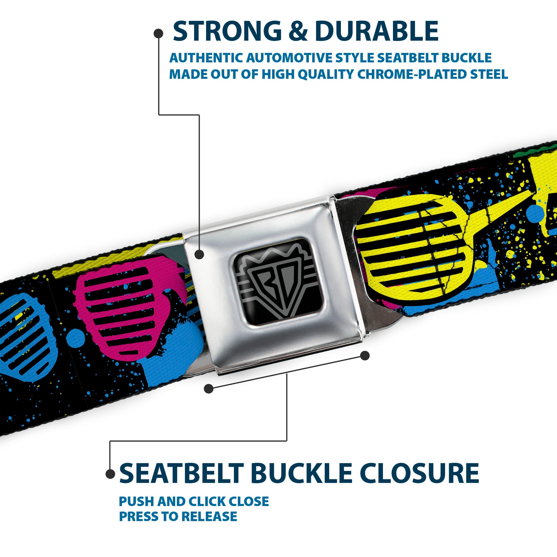 BD Wings Logo CLOSE-UP Full Color Black Silver Seatbelt Belt - Eighties Shades Splatter Black/Neon Webbing Seatbelt Belts Buckle-Down