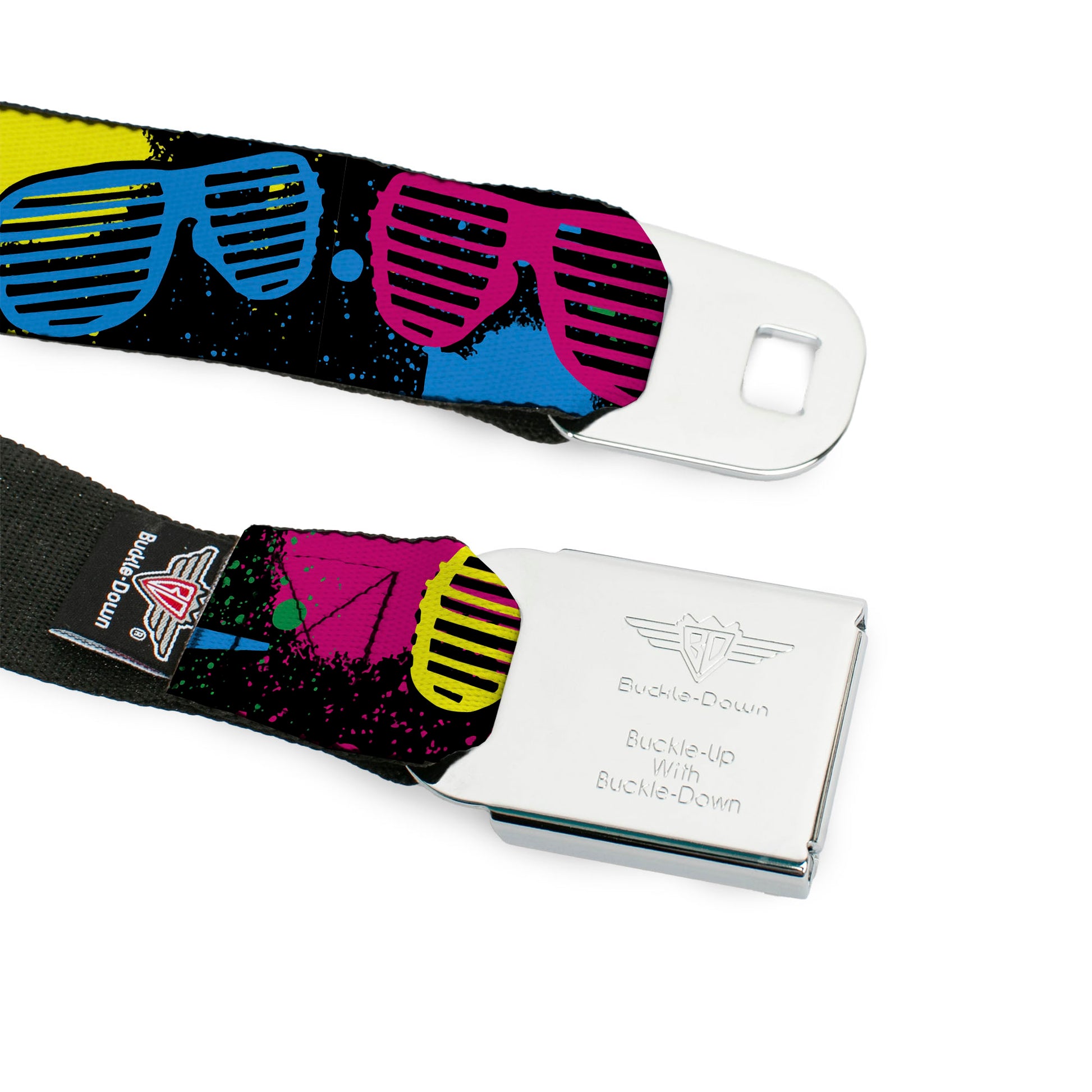 BD Wings Logo CLOSE-UP Full Color Black Silver Seatbelt Belt - Eighties Shades Splatter Black/Neon Webbing Seatbelt Belts Buckle-Down