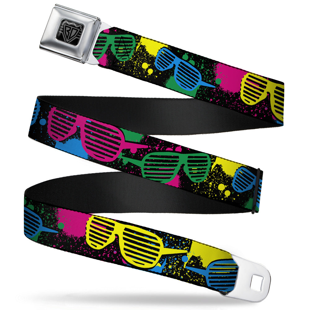 BD Wings Logo CLOSE-UP Full Color Black Silver Seatbelt Belt - Eighties Shades Splatter Black/Neon Webbing Seatbelt Belts Buckle-Down