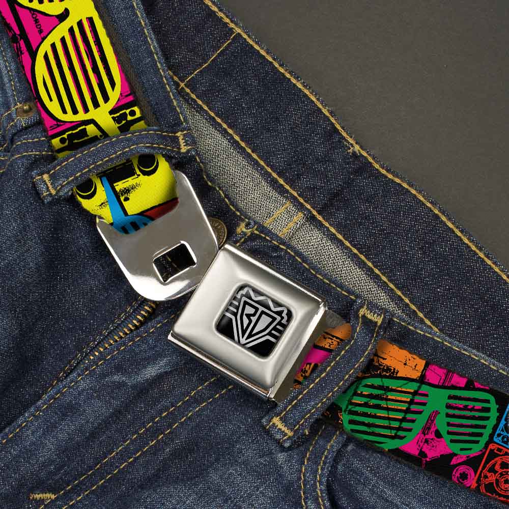 BD Wings Logo CLOSE-UP Full Color Black Silver Seatbelt Belt - Eighties Shades Tapes Black/Neon Webbing Seatbelt Belts Buckle-Down