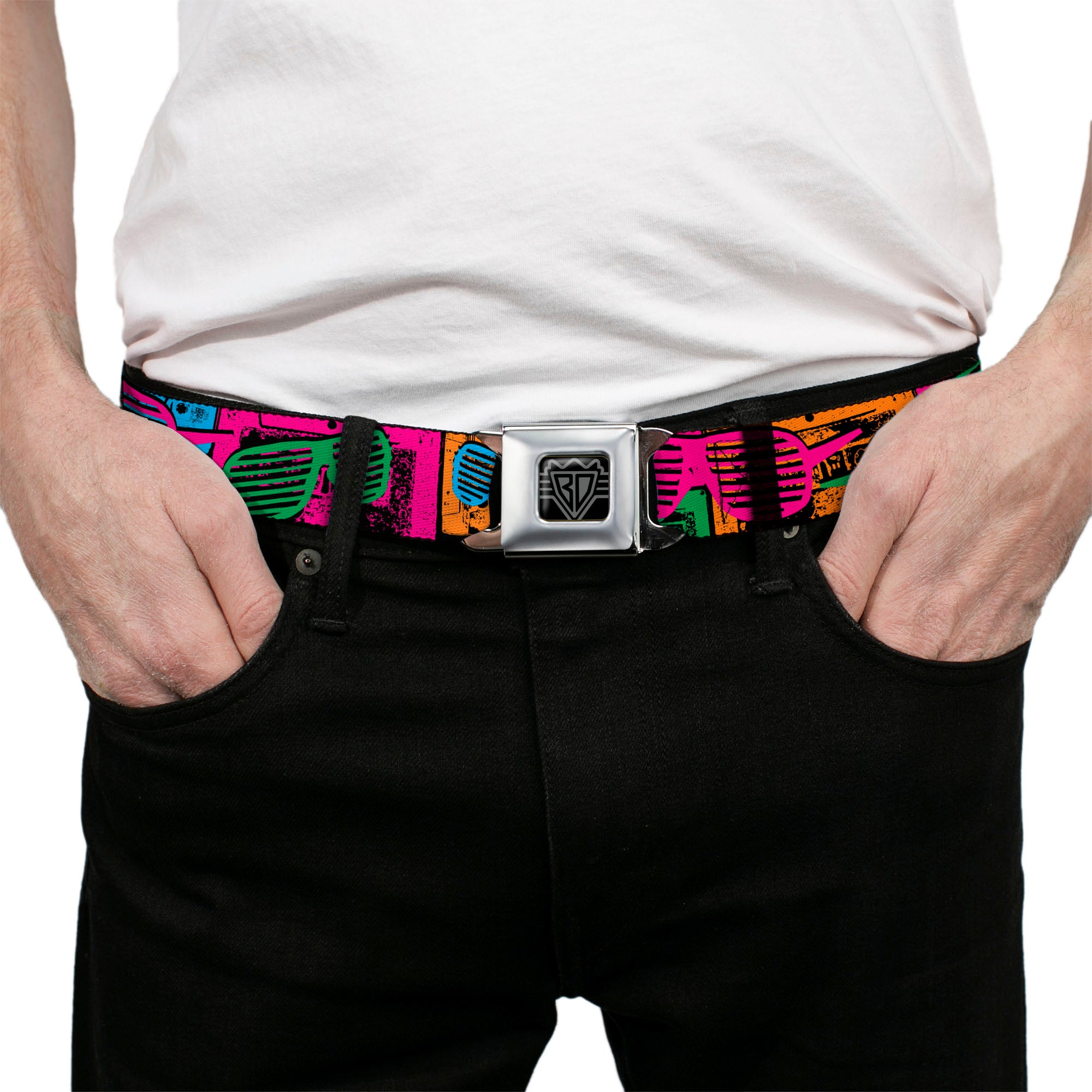 BD Wings Logo CLOSE-UP Full Color Black Silver Seatbelt Belt - Eighties Shades Tapes Black/Neon Webbing Seatbelt Belts Buckle-Down