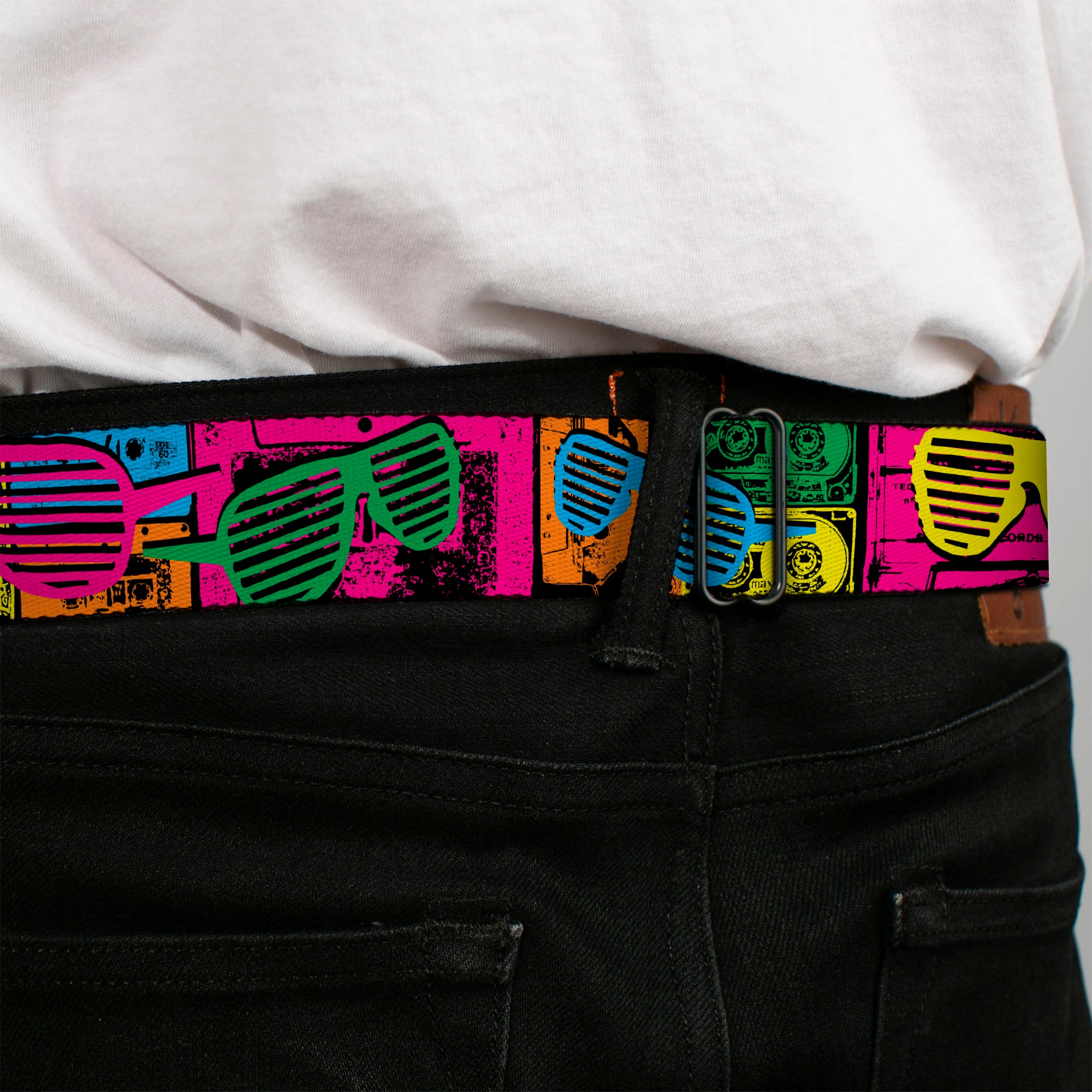 BD Wings Logo CLOSE-UP Full Color Black Silver Seatbelt Belt - Eighties Shades Tapes Black/Neon Webbing Seatbelt Belts Buckle-Down