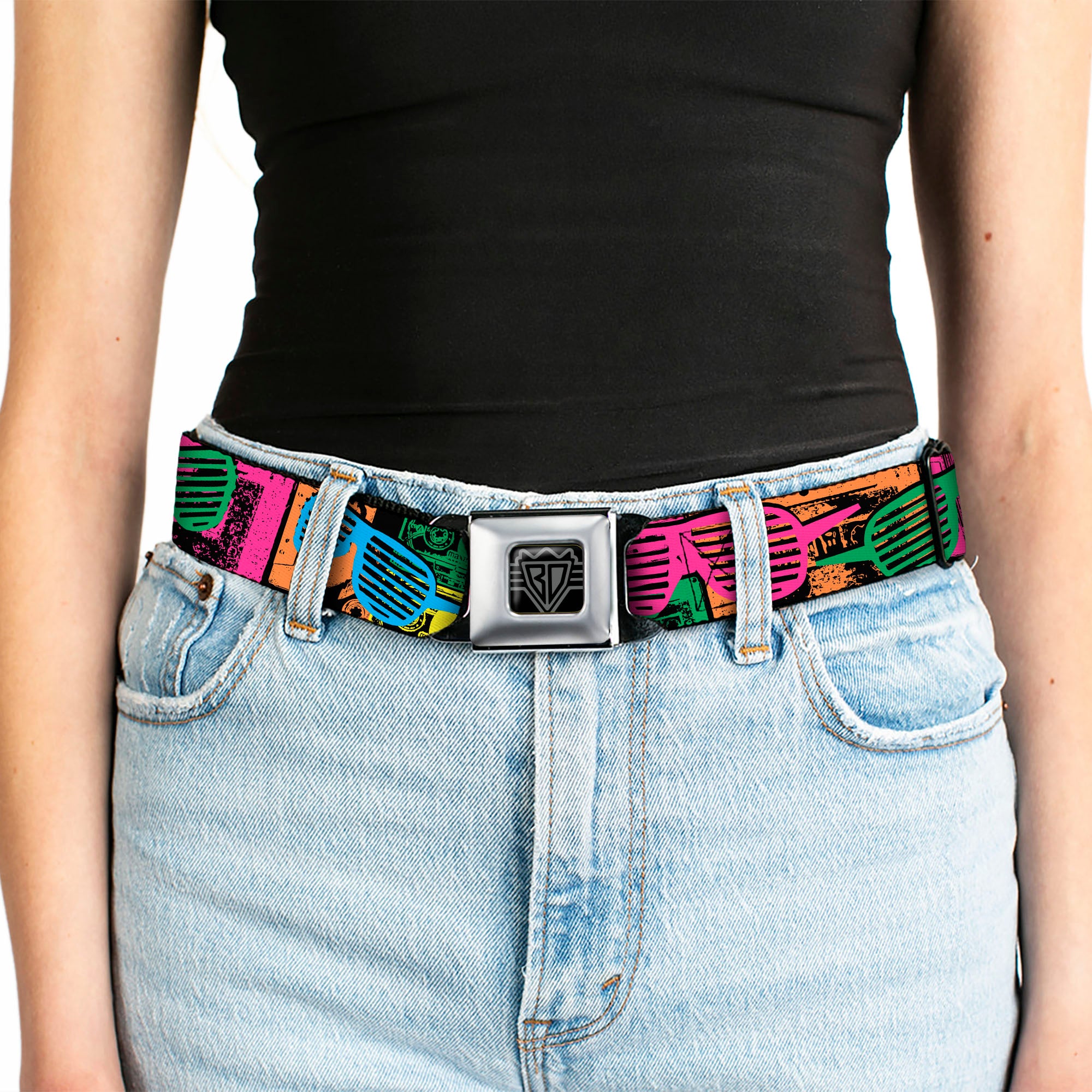BD Wings Logo CLOSE-UP Full Color Black Silver Seatbelt Belt - Eighties Shades Tapes Black/Neon Webbing Seatbelt Belts Buckle-Down