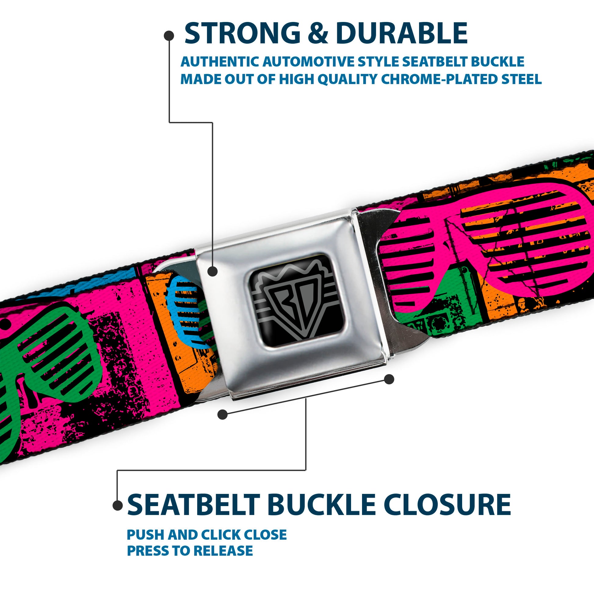 BD Wings Logo CLOSE-UP Full Color Black Silver Seatbelt Belt - Eighties Shades Tapes Black/Neon Webbing Seatbelt Belts Buckle-Down