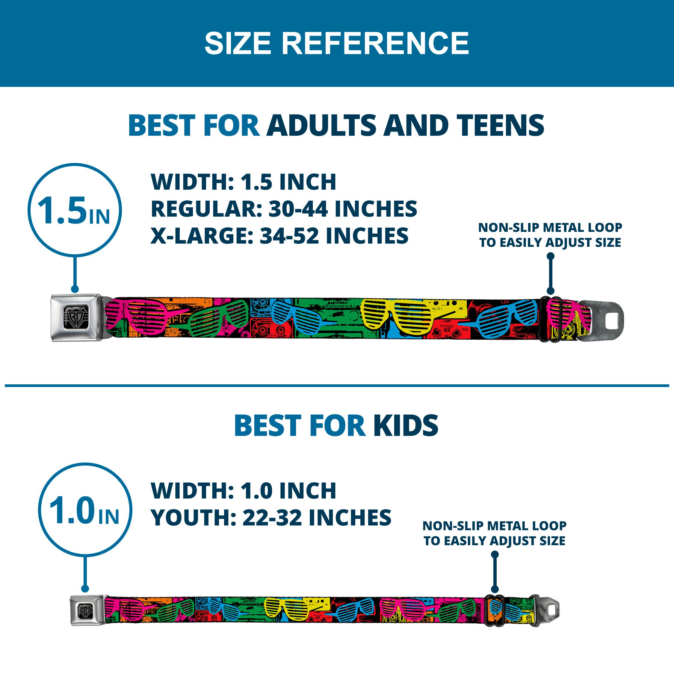 BD Wings Logo CLOSE-UP Full Color Black Silver Seatbelt Belt - Eighties Shades Tapes Black/Neon Webbing Seatbelt Belts Buckle-Down