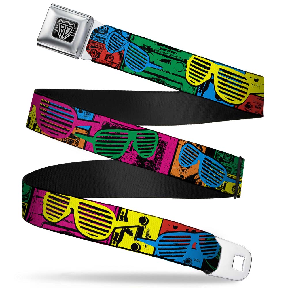 BD Wings Logo CLOSE-UP Full Color Black Silver Seatbelt Belt - Eighties Shades Tapes Black/Neon Webbing Seatbelt Belts Buckle-Down