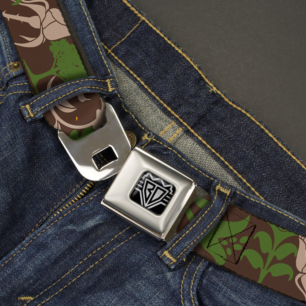 BD Wings Logo CLOSE-UP Full Color Black Silver Seatbelt Belt - Earthy Brown/Green Webbing Seatbelt Belts Buckle-Down