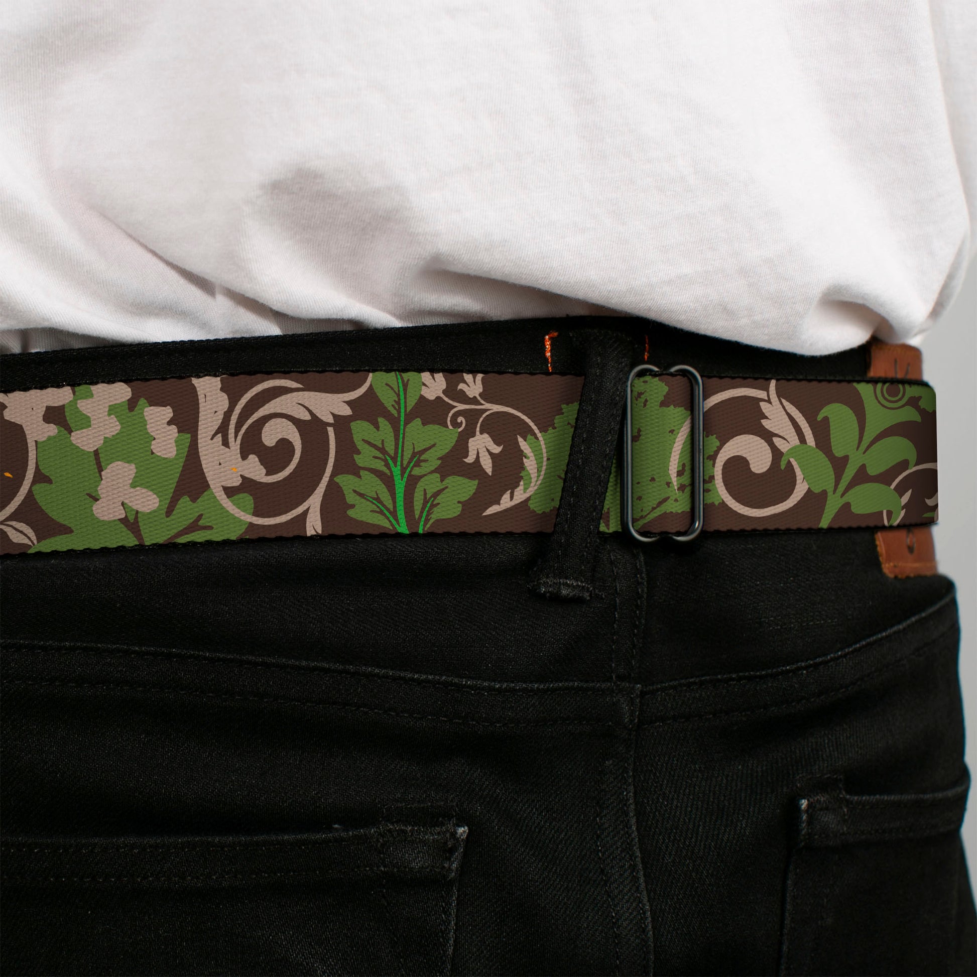 BD Wings Logo CLOSE-UP Full Color Black Silver Seatbelt Belt - Earthy Brown/Green Webbing Seatbelt Belts Buckle-Down
