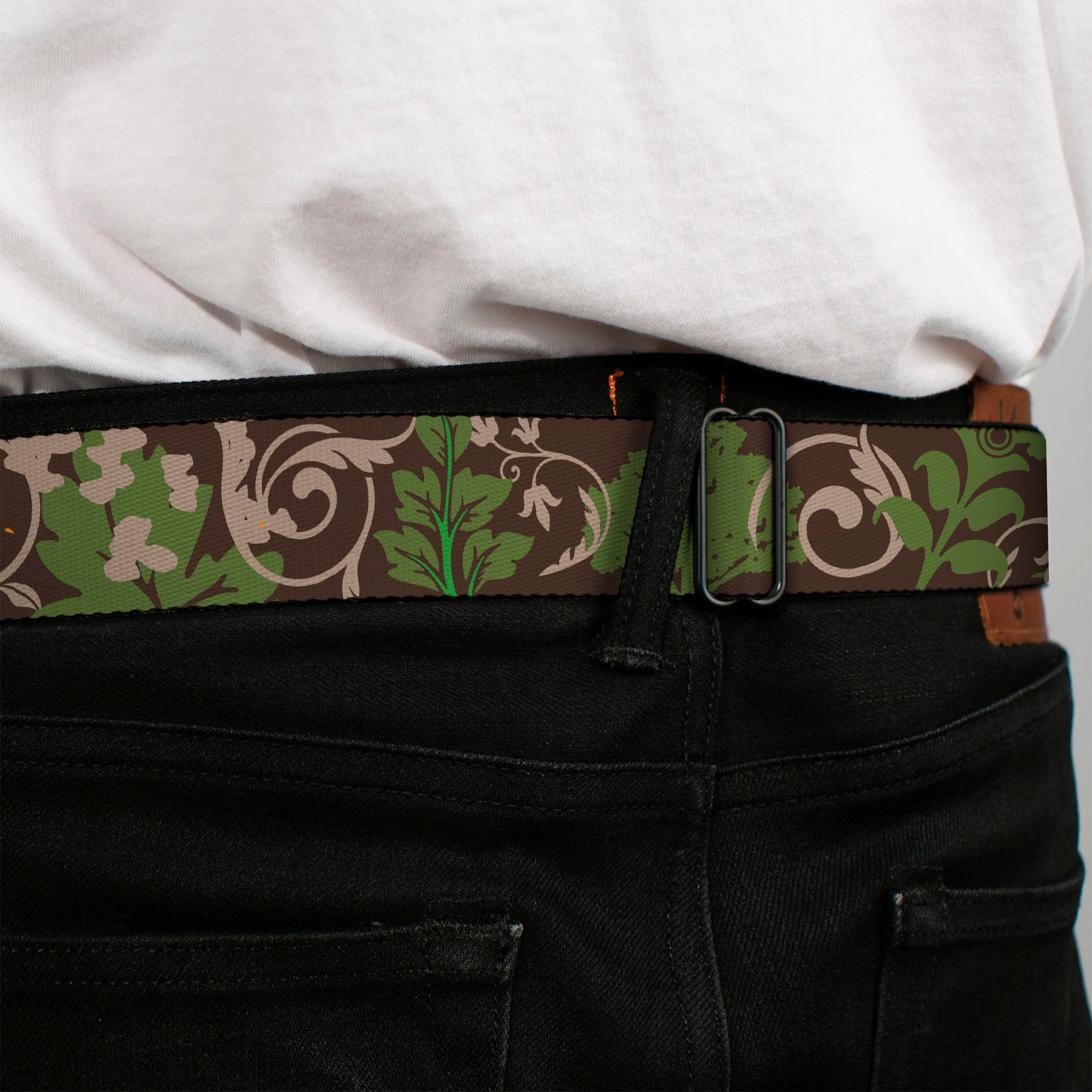 BD Wings Logo CLOSE-UP Full Color Black Silver Seatbelt Belt - Earthy Brown/Green Webbing Seatbelt Belts Buckle-Down
