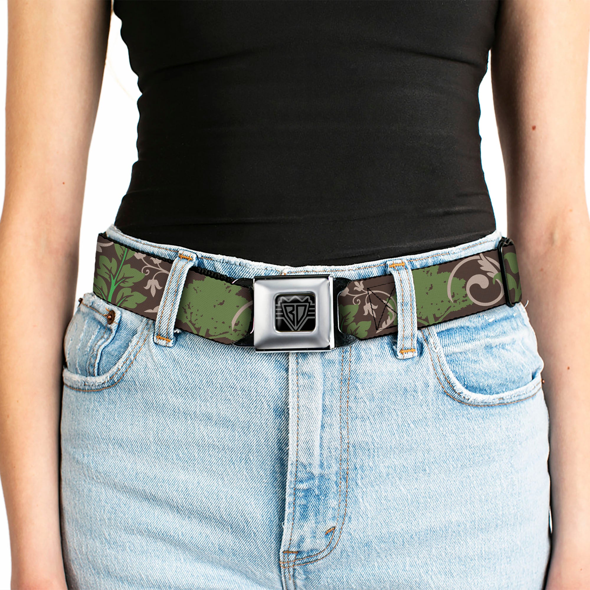 BD Wings Logo CLOSE-UP Full Color Black Silver Seatbelt Belt - Earthy Brown/Green Webbing Seatbelt Belts Buckle-Down