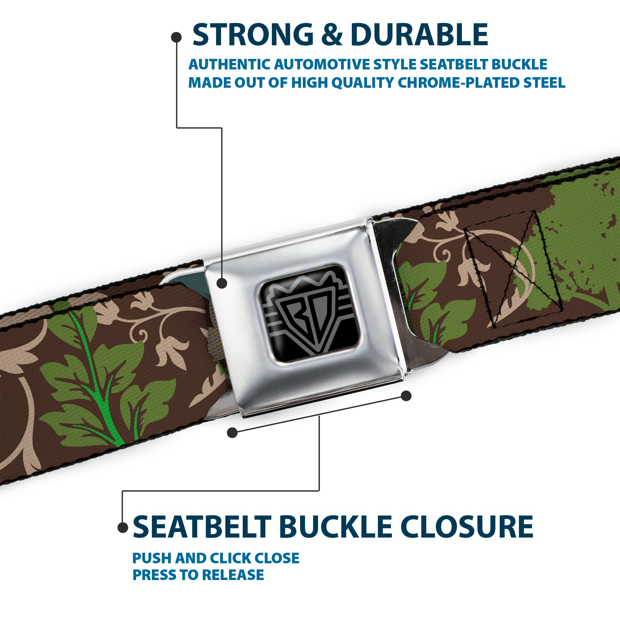 BD Wings Logo CLOSE-UP Full Color Black Silver Seatbelt Belt - Earthy Brown/Green Webbing Seatbelt Belts Buckle-Down