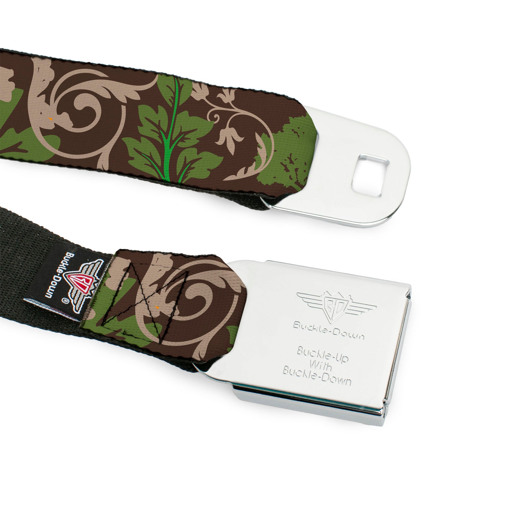 BD Wings Logo CLOSE-UP Full Color Black Silver Seatbelt Belt - Earthy Brown/Green Webbing Seatbelt Belts Buckle-Down