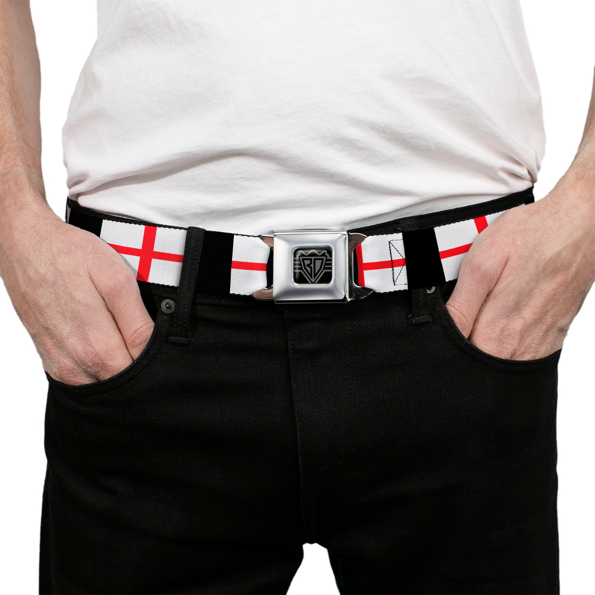 BD Wings Logo CLOSE-UP Full Color Black Silver Seatbelt Belt - England Flags Webbing Seatbelt Belts Buckle-Down